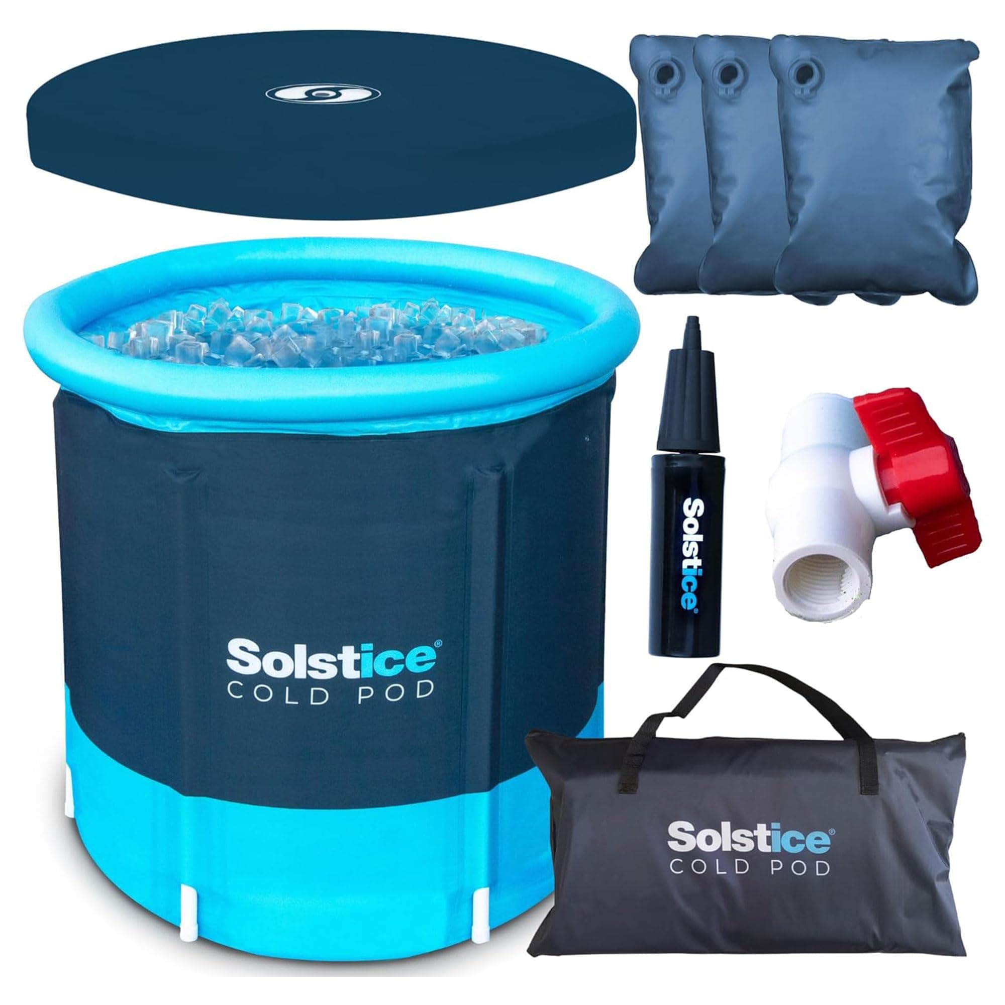 SolsticeCOLD POD Plunge Ice Tub W/ 3 Reusable Ice Bags & Large Lid For Athletes Adults | Multi-Layered Insulation For Chillers | Outdoor & Indoor | Portable Carry Bag | 84.5 Gallon Capacity