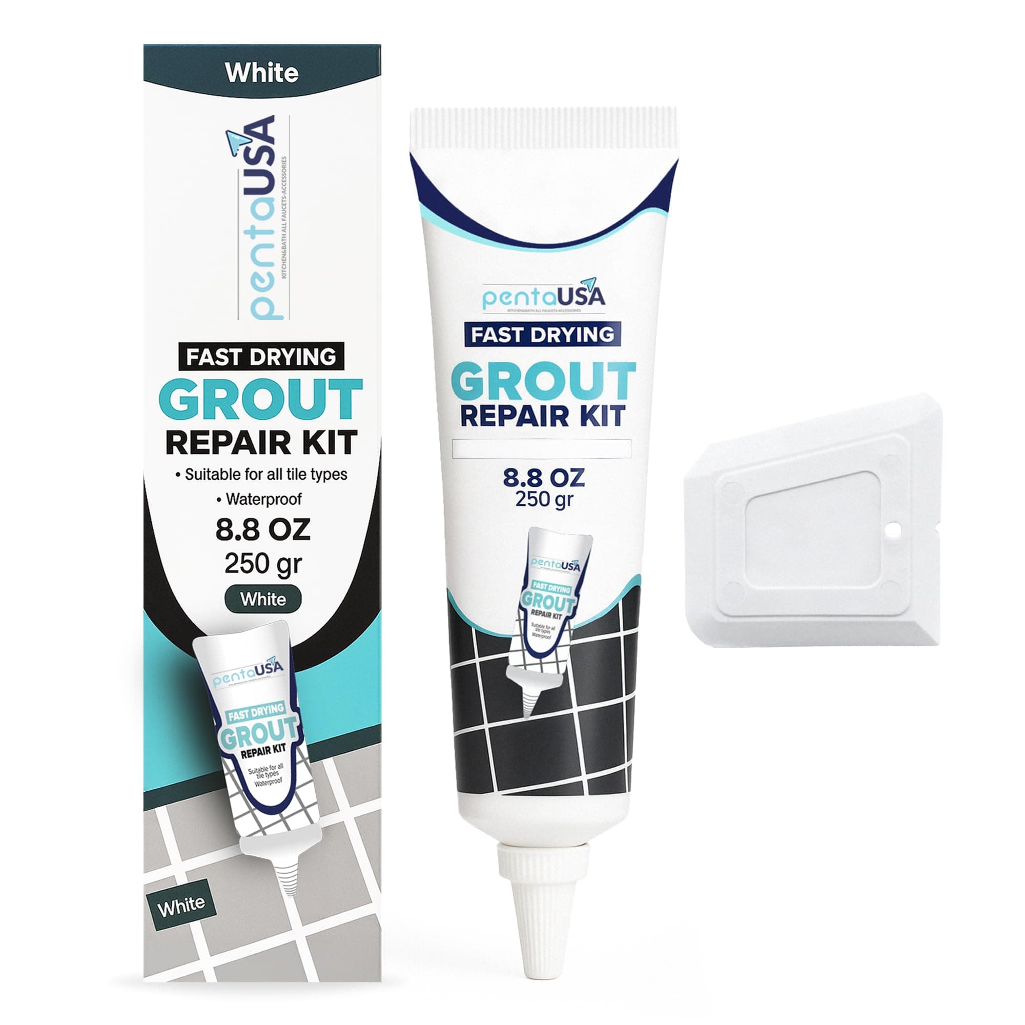 PentaUSA Tile Grout Repair Kit - White Grout Filler, Triple Protection, Fast Drying Formula Restores and Renews Grout Lines with Scraper (White, 8.8oz / 250gr)
