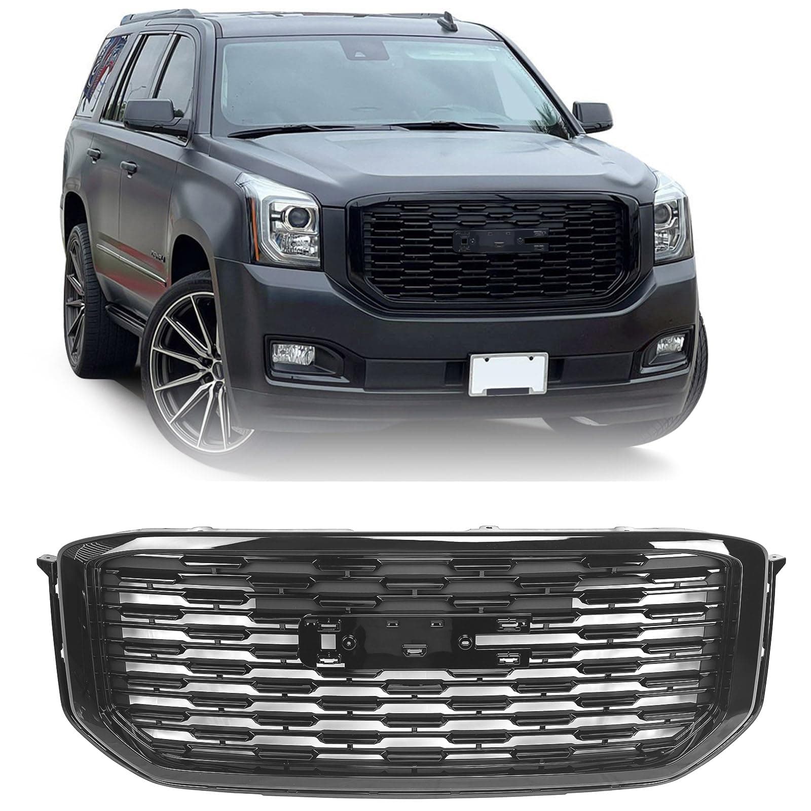 FIONE Front Bumper Grille Grill Compatible with GMC Yukon/Yukon XL 2015-2020 Replacement Glossy Black Denali Style GM1200702 84119634 84722260