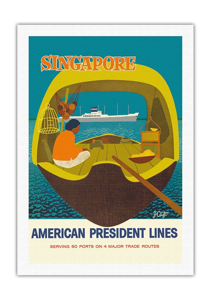 Pacifica Island Art Singapore - American President Lines - Vintage Ocean Liner Travel Poster by John Russell Clift c.1958 - Fine Art Rolled Canvas Print - 27in x 40in