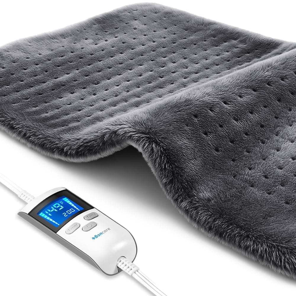 Boncare® LCD Digital Control 12” x 24” Heating Pad for Back Pain Relief and Cramps with Auto Shut off Large Size 6 Temperature Settings 6 Timers Super Soft Velvet Moist / Dry Hot Heat Pad (Dark Gray)