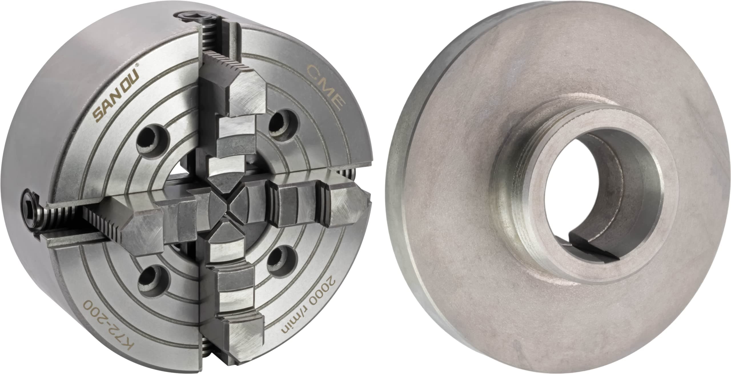 CME 8" 4-Jaw Independent Lathe Chuck with L00 Long Taper Semi-Finished Backing Plate, Machine to Fit Chuck, Reversible Jaws