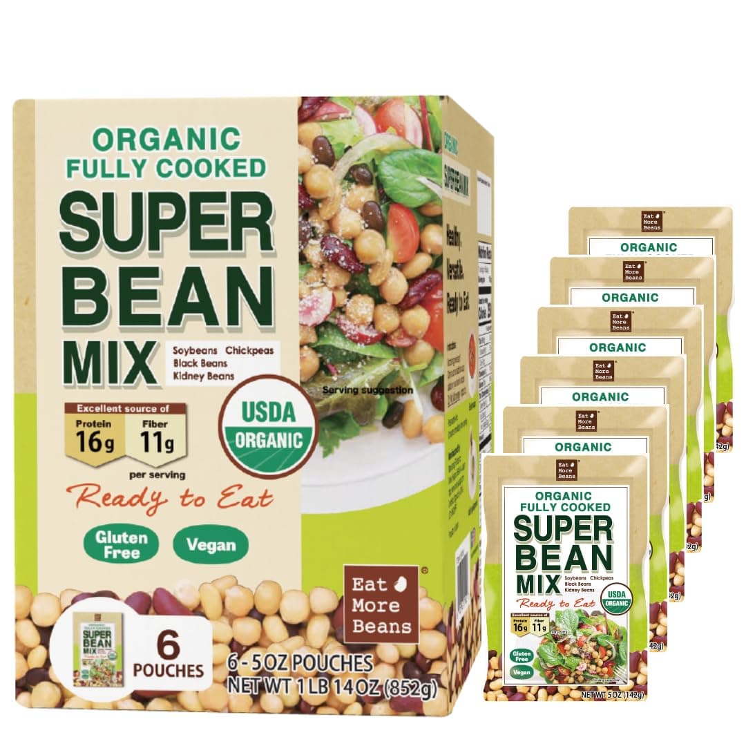 Eat More Beans 【】Organic Fully Cooked Super Bean Mix | Steamed Bean, USDA Organic, Vegan, Healthy Natural Keto Food | Variety of Organic Edamame, Chickpea, Black , Kidney (6 Pack, 5 oz)