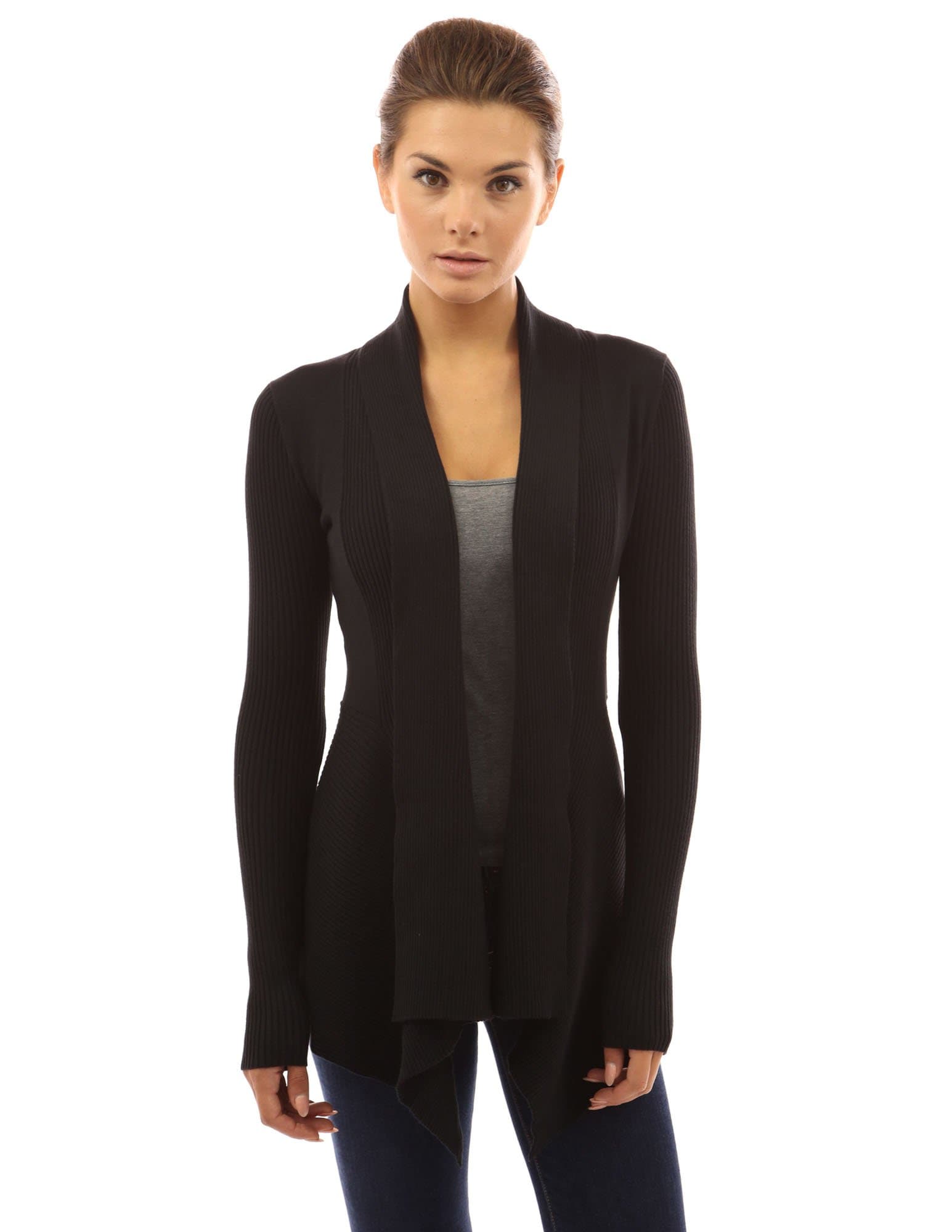 PattyBoutik Women Ribbed Cascading Open Cardigan (Black X-Large)