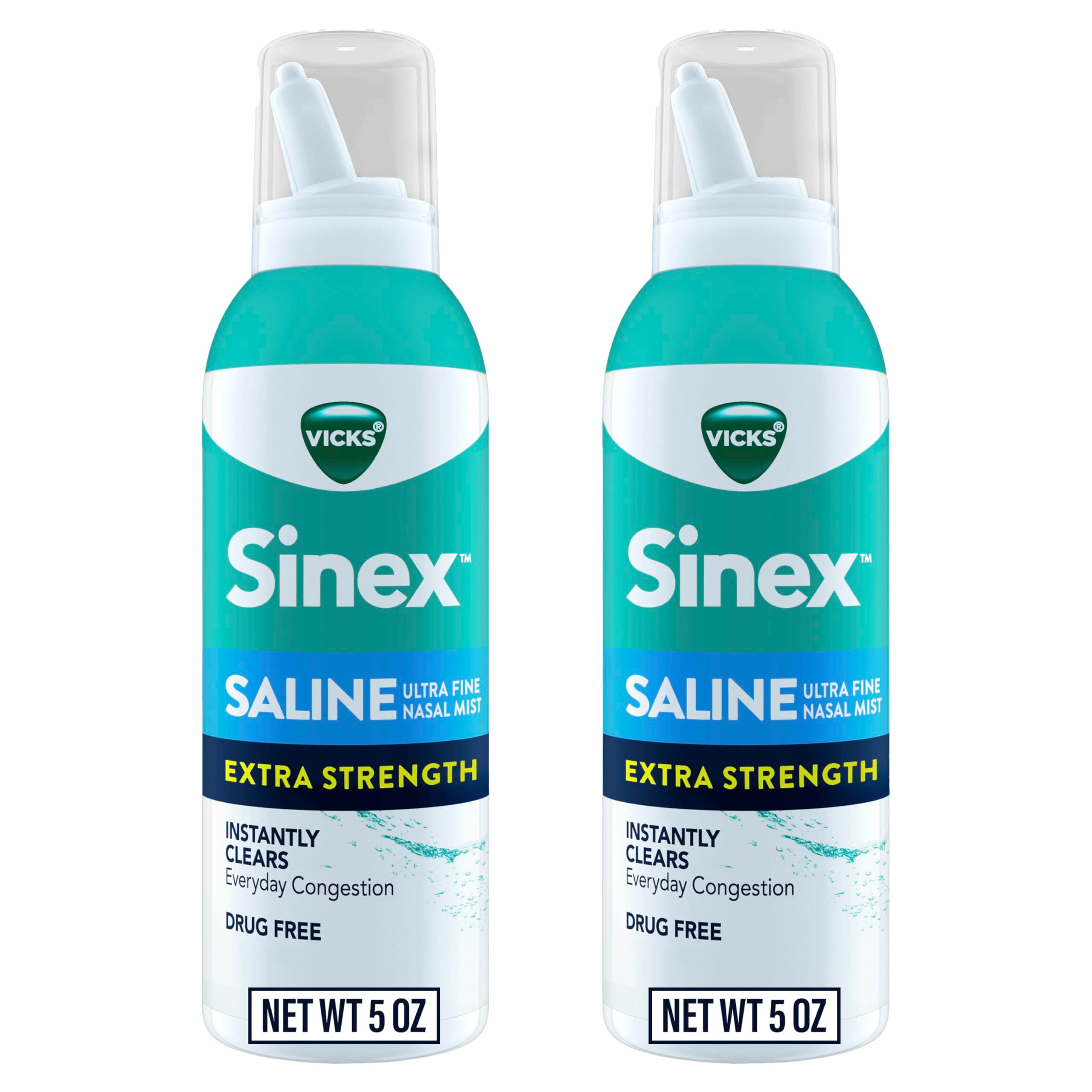 - VICKS Sinex Saline Extra Strength Nasal Spray, 3X Concentrated* Drug Free Ultra Fine Mist, Instantly Clears Mucus, Ultra Concentrated to Clear Congestion Fast, Safe For Daily Use, 5 OZ x 2