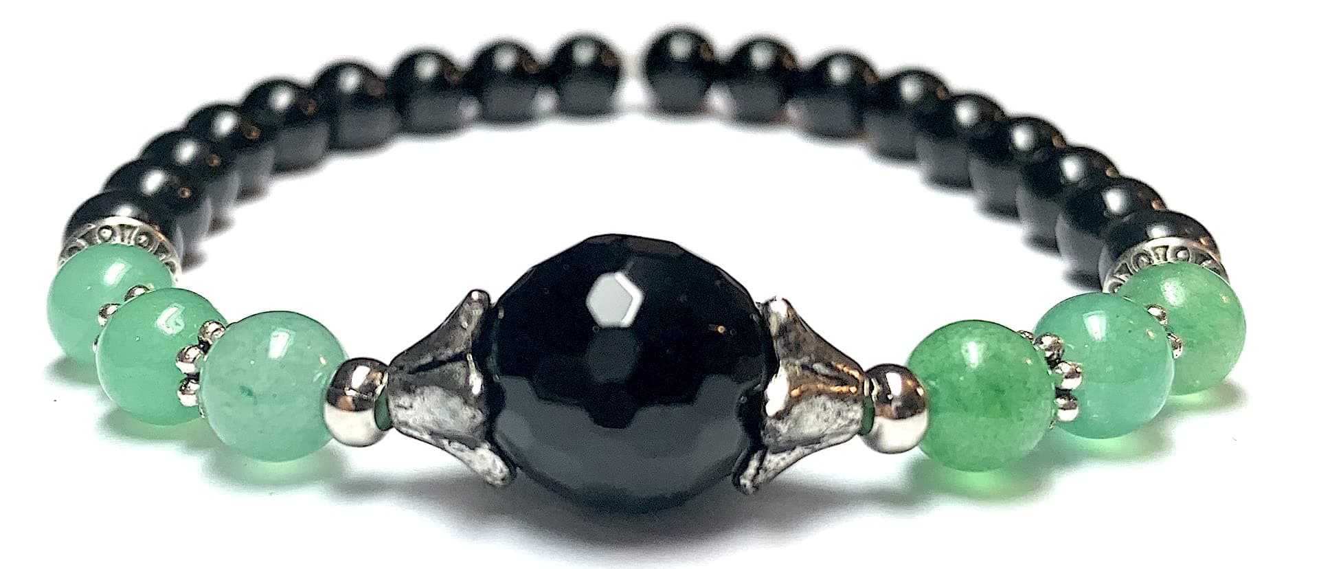 Handmade Black Onyx, Black Tourmaline and Green Aventurine Healing Bracelet 7 Inches