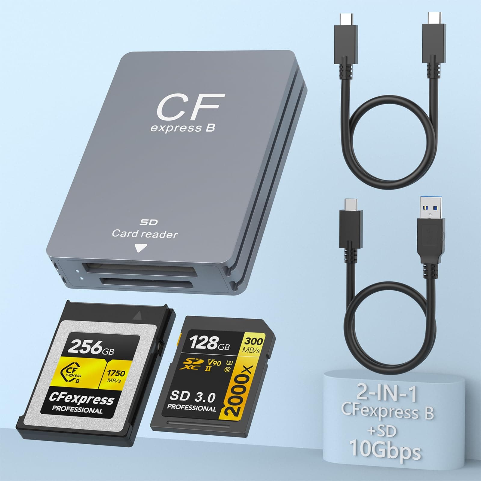 CFexpress Type B/SD Dual Slot Card Reader, 10Gbps CF Express B SD Card Reader with USB 3.1 Gen 2 Transfer Speed, Type B CFExpress Card Reader with USB C to USB A/C Cable for Windows/Mac/Linux/Android
