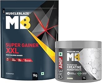MuscleBlaze Super Gainer XXL Powder (Chocolate, 1kg / 2.2lbs, 10 Servings) with Creatine Monohydrate CreAMP (Unflavoured, 100g / 0.22lbs, 32 Servings) | Combo Pack