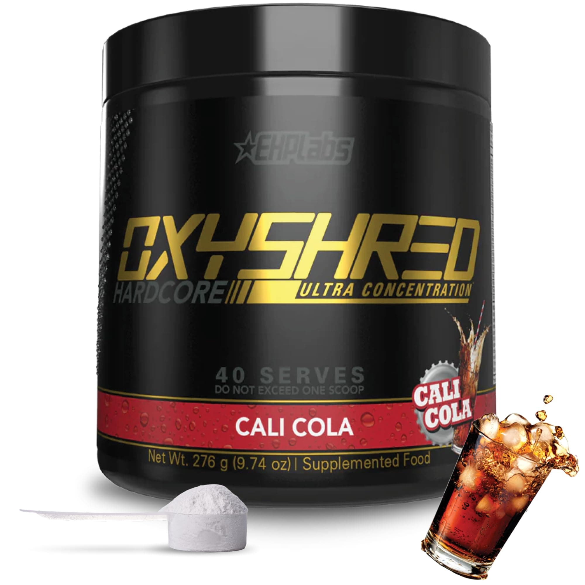 EHP LABS OxyShred HARDCORE Thermogenic Fat Burner | Weight Loss Supplement | Energy Booster | Pre Workout | Metabolism Booster | Water cut | Added L-Carnitine & CLA 40 Servings (Cali Cola)