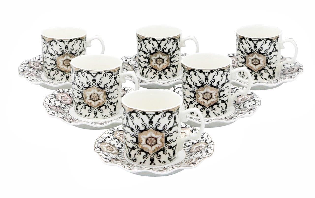 Porcelain Bone China Espresso Turkish Coffee Set of 6 Demitasse Cups + Saucers (Black + Gold)