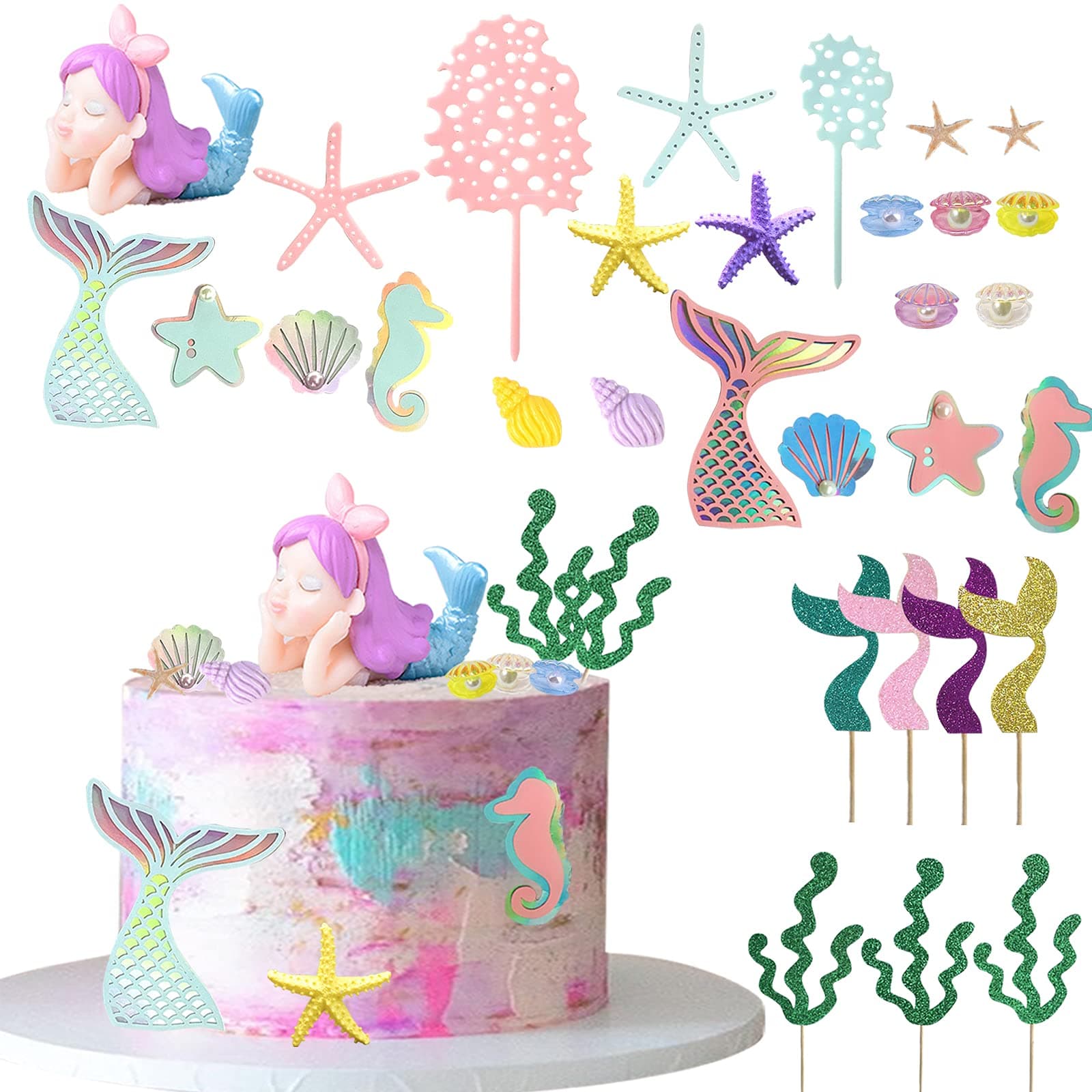 31 PCS Mermaid Cake Toppers for Mermaid Under the Sea Themed Birthday Wedding Baby Shower Party Decorations Supplies (31pcs)