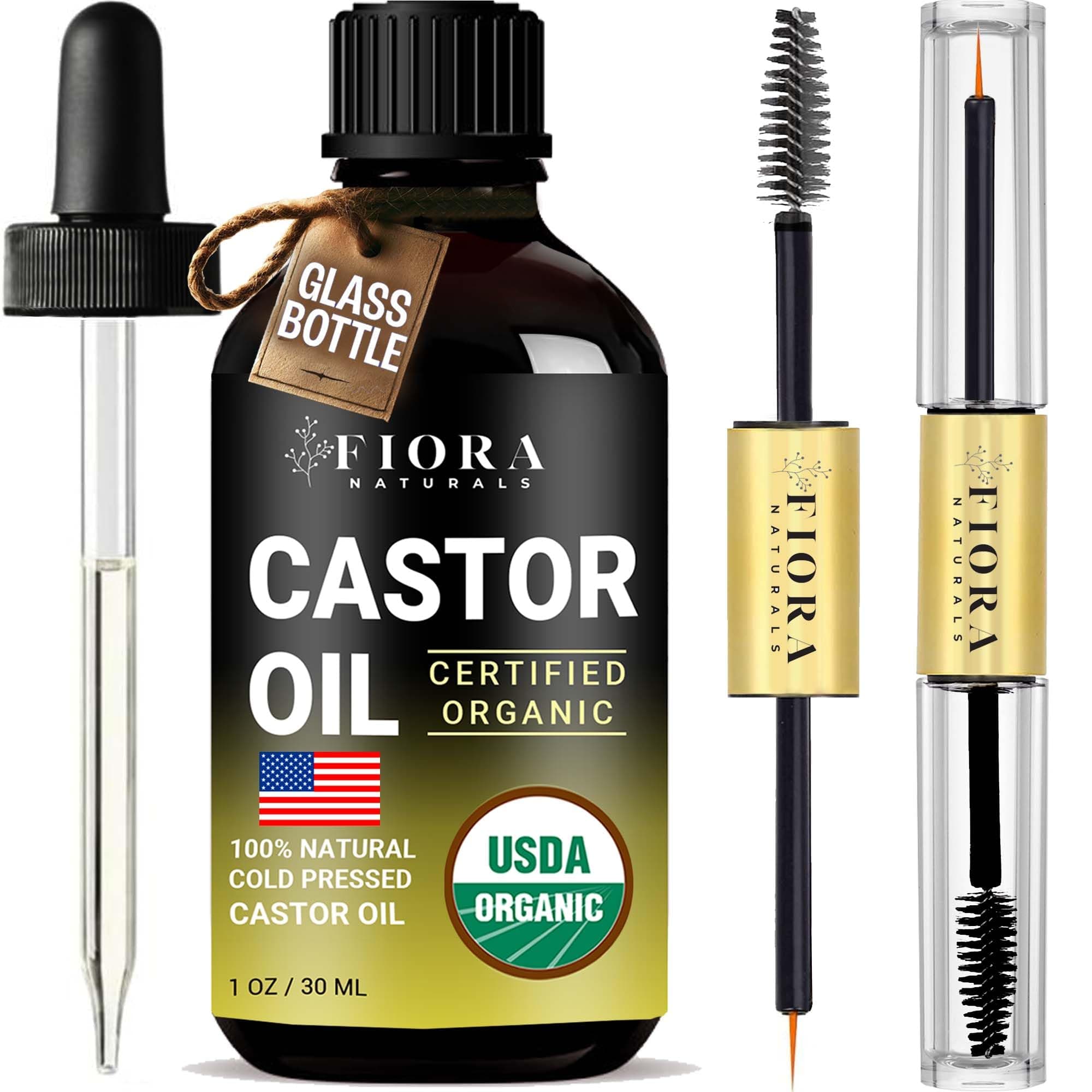 Organic Cold Pressed Castor Oil USDA Certified Eyelash and Hair Growth Serum, Hexane-Free, Conditions and Stimulates Growth for Lashes, Brows and Hair
