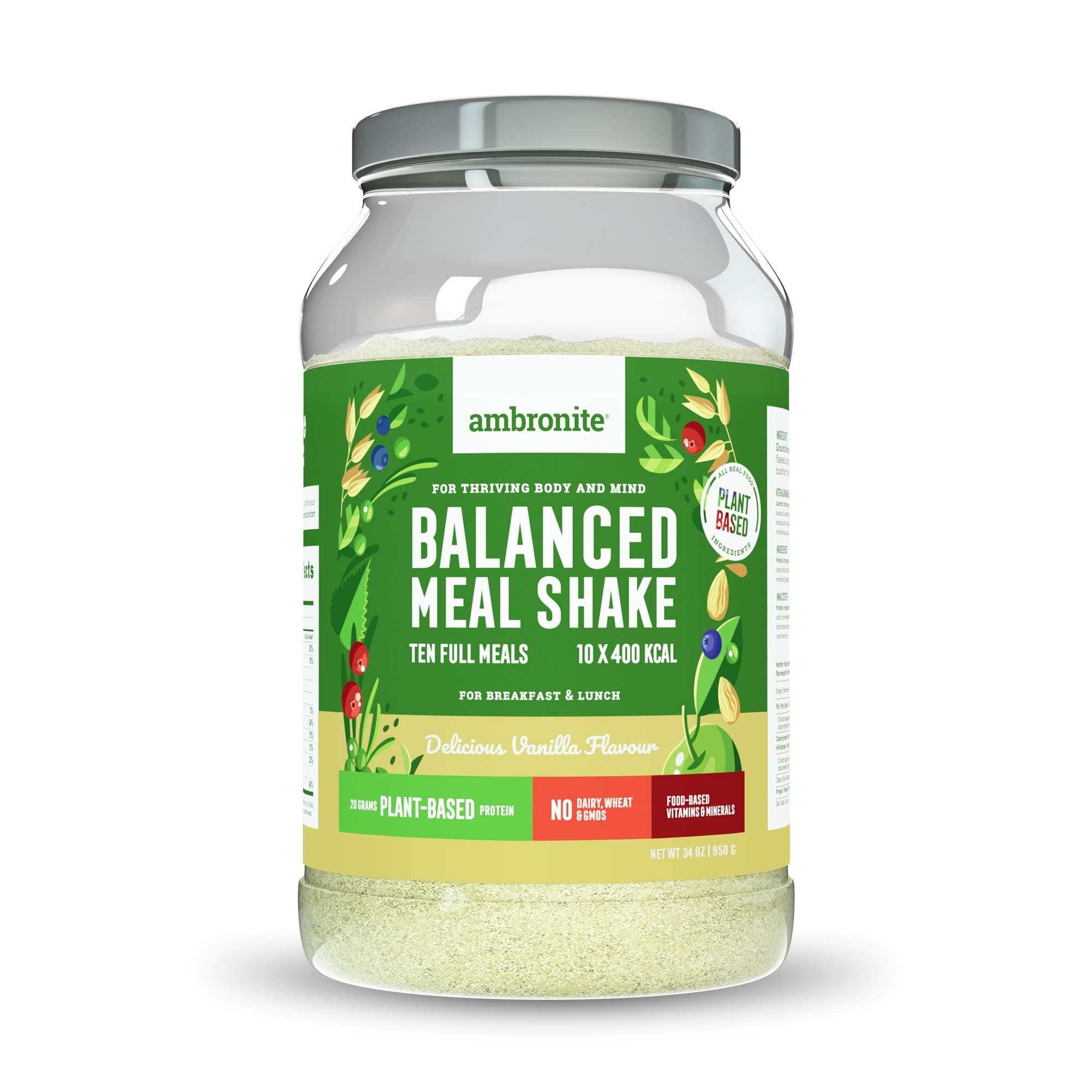 Ambronite Balanced Meal Shake, Delicious Vanilla Flavor, Makes Ten Full 400 kcal Meals, 20 Grams of Plant-Based Protein, No Dairy, Wheat, or GMOs, 950g (Vanilla)
