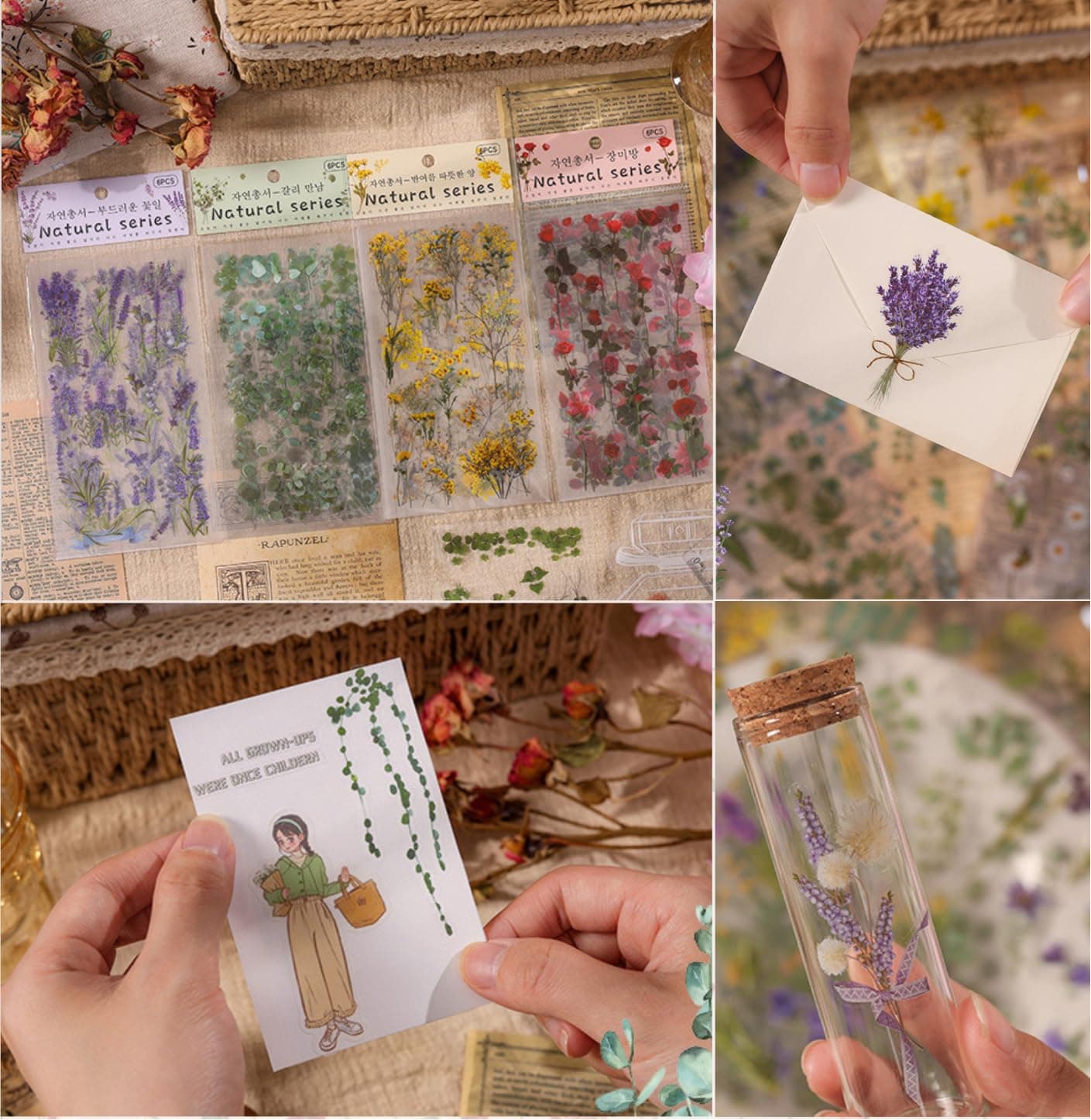 FunBlast Kawaii Sticker Set - 4 Packets, 500+ Stickers for Kids, Nature Vintage Sticker, Beautiful Flowers and Leaf Retro Decorative Stickers, Self Adhesive, Japanese Style Stickers (Multicolor)