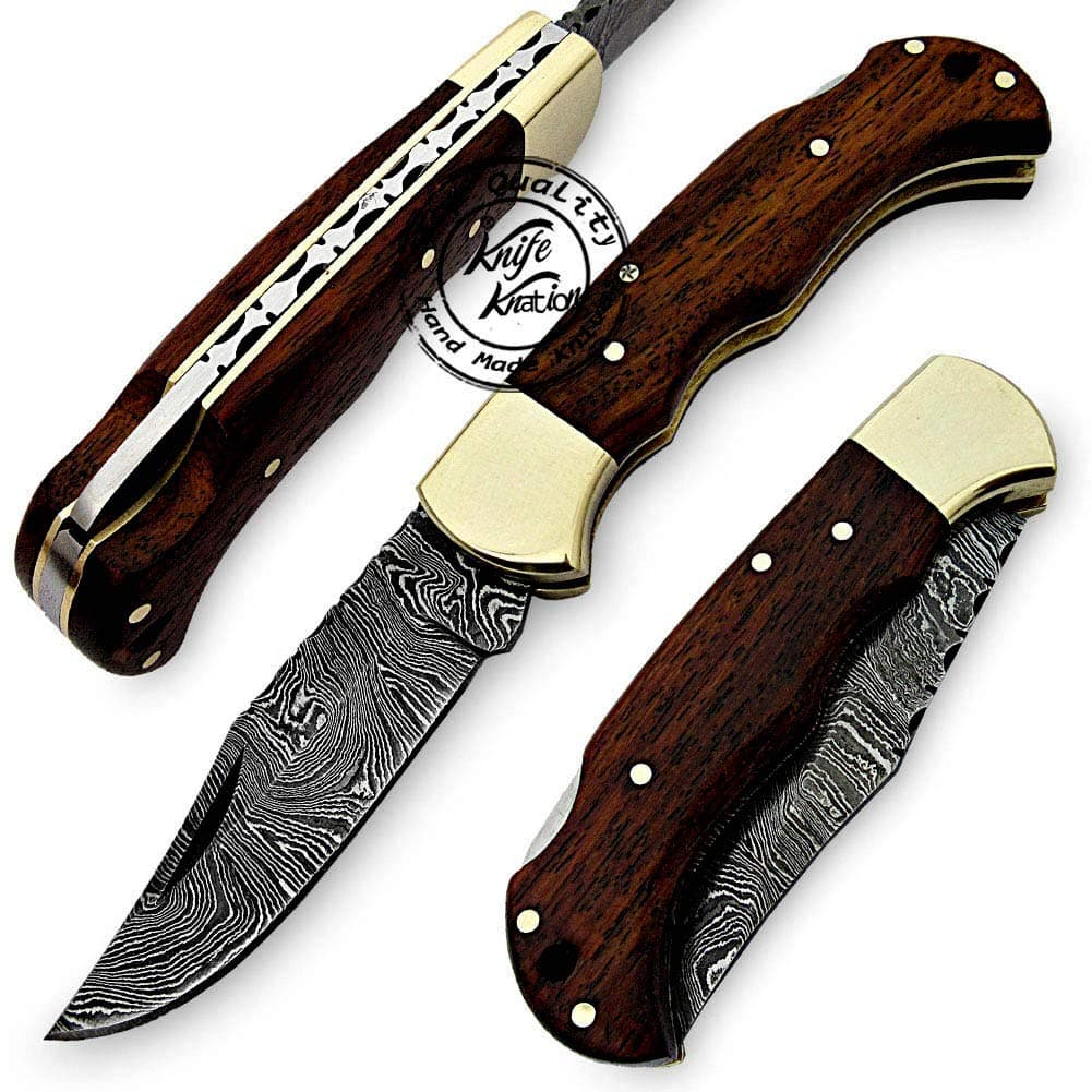 Rose Wood Handmade Damascus Pocket Knife - Folding - Hunting Knife, Folding Knives for Men with Wood Handle for Outdoor Survival Hunting Accessories, Gifts for Men, Boyfriend, Dad, Father’s Day Gift
