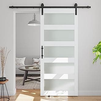 34in x 84in 5-Panel Sliding Glass Barn Door with 6ft Hardware Kit Included, Easy Assembly with Pre-Drilled Holes, Waterproof, Frosted Glass for Bathroom-Fit Max Opening 32in x 82in, White