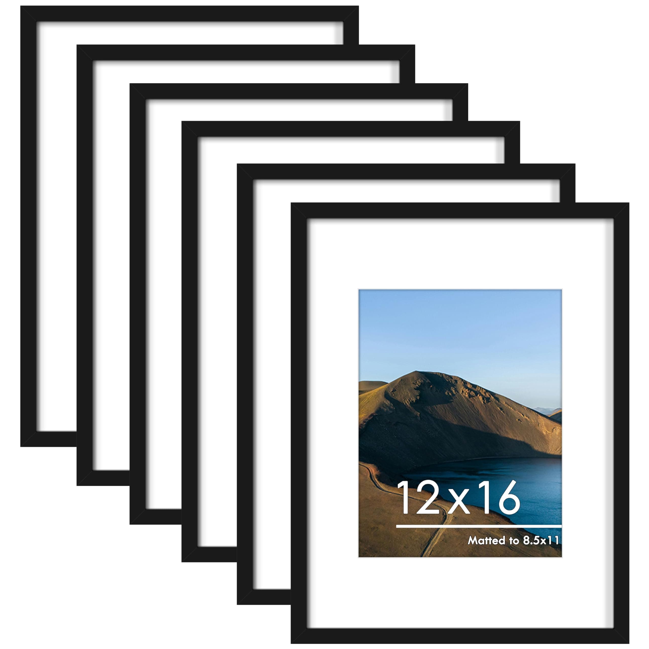 PEALSN 12x16 Picture Frame Set of 6, Display Pictures 8.5 x 11 with Mat or 12 x 16 Without Mat for Wall Mounting Display, Photo Frames Collage for Wall Decor, Black.