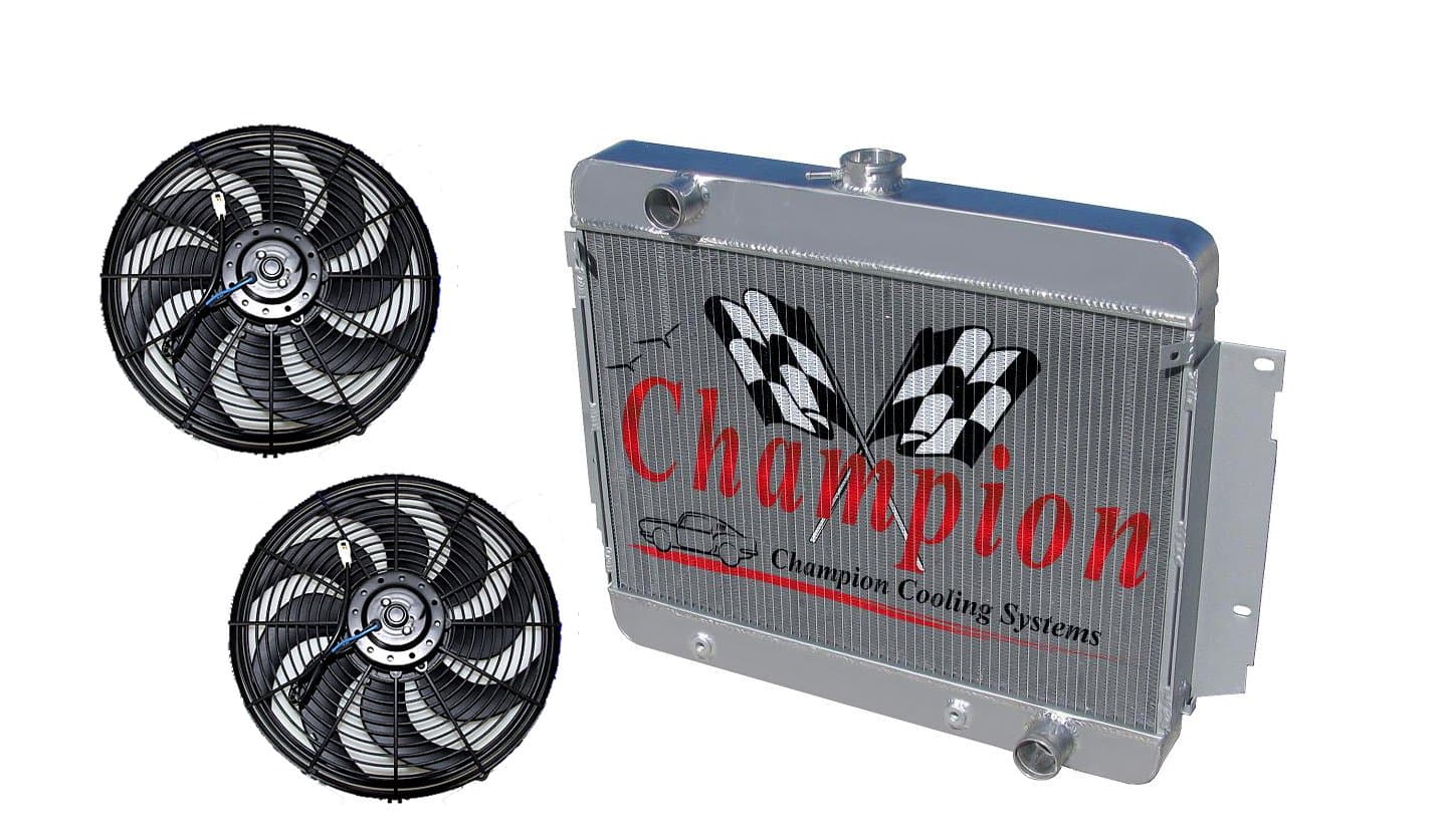 3 Row All Aluminum Replacement Radiator AND 2-10" Reversible Dual Fans for 1969-1970 Chevy Impala, 1969-1970 Chevy Caprice, 1969-1970 Chevy Bel-Air, 1969-1970 Chevy Biscayne, 1969-1970 Chevy Brookwood, 1969-1970 Chevy Kingswood- Manufactured by Champion Cooling Systems, Part Number: 345FAN