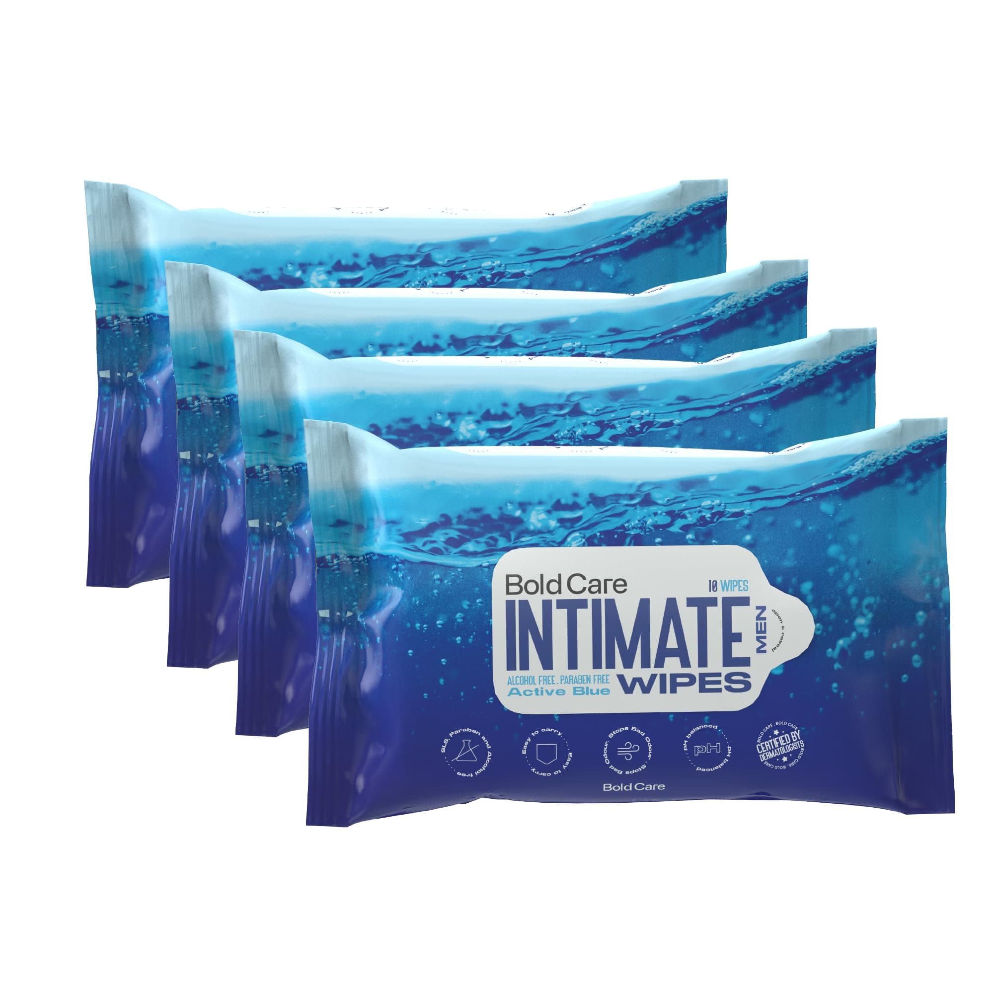 Bold Care Active Blue Intimate Cleansing Wipes For Men | pH Balanced | Skin Friendly | Alcohol Free | Biodegradable | Travel-Friendly | Pack of 4 (40 Wipes)
