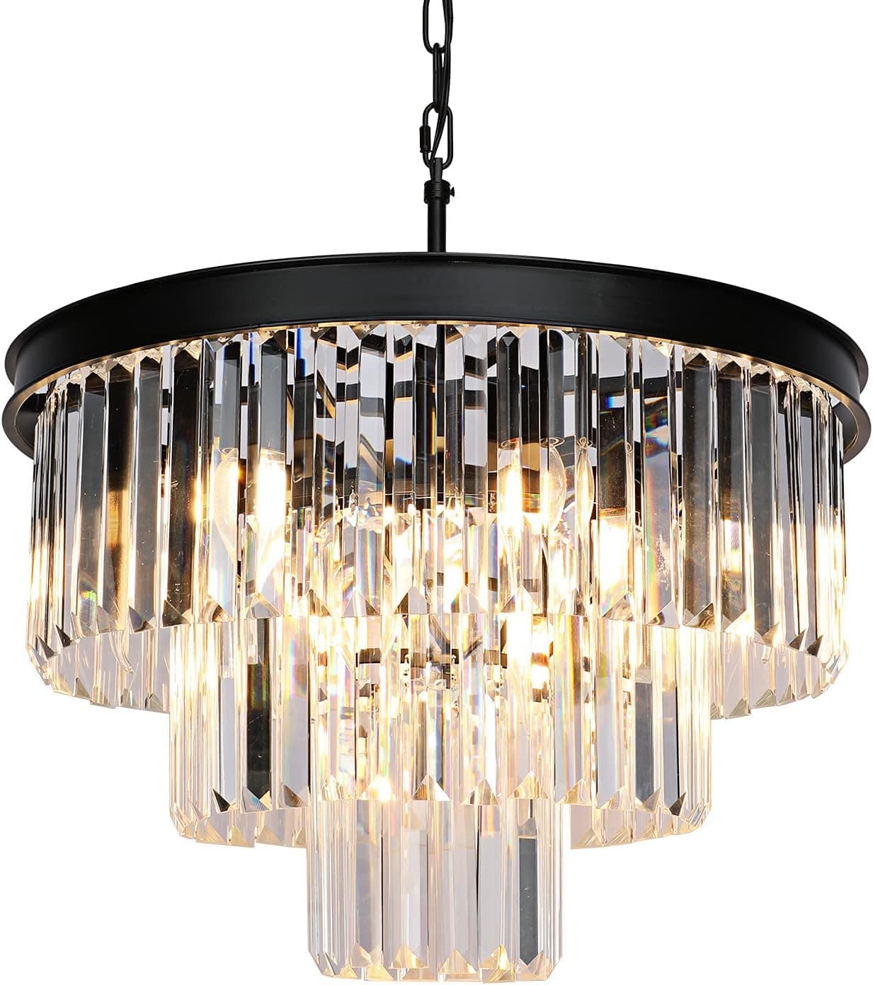 Crystal Chandeliers for Dining Room Lights Fixtures, 9 Lights Black Modern Chandeliers for Bedroom, 3-Tier Round Crystal Chandeliers for Living Room Entryway Kitchen Island D20 Inch