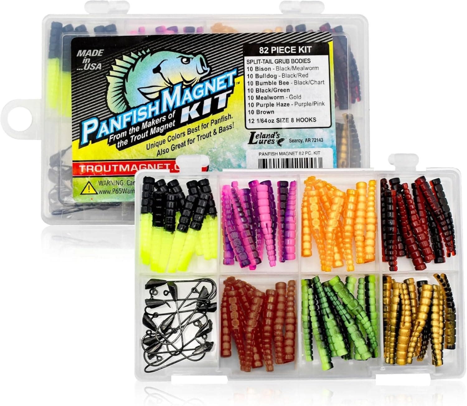 Trout Magnet 82 Piece Panfish Magnet Kit, with A Longer Shad Dart Hook, Includes 70 Split Tail Grub Bodies, 12 Black Size 8 Mustad Hooks, Catches All Types of Fish