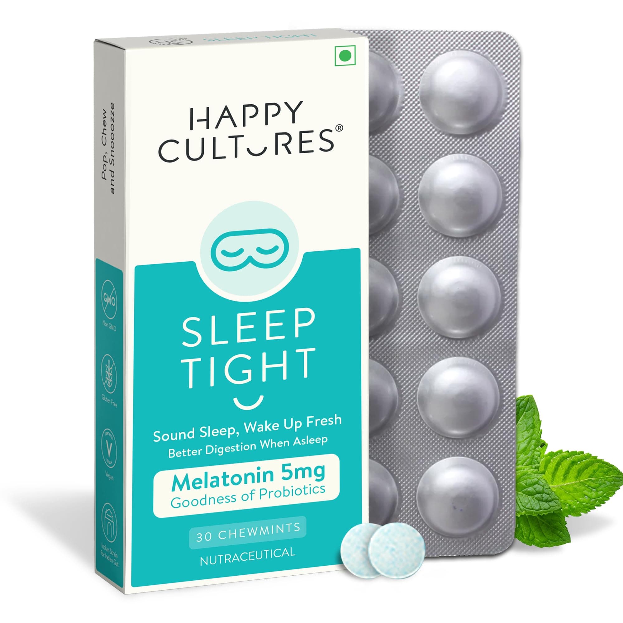 Happy Cultures Sleep Tight Melatonin 5Mg With Probiotic Sleep Deeper&Wake Up Refreshed Non Addictive,Natural,Clinically Tested,Natural Sleep Improves Digestion While Sleeping,30 Chewmints