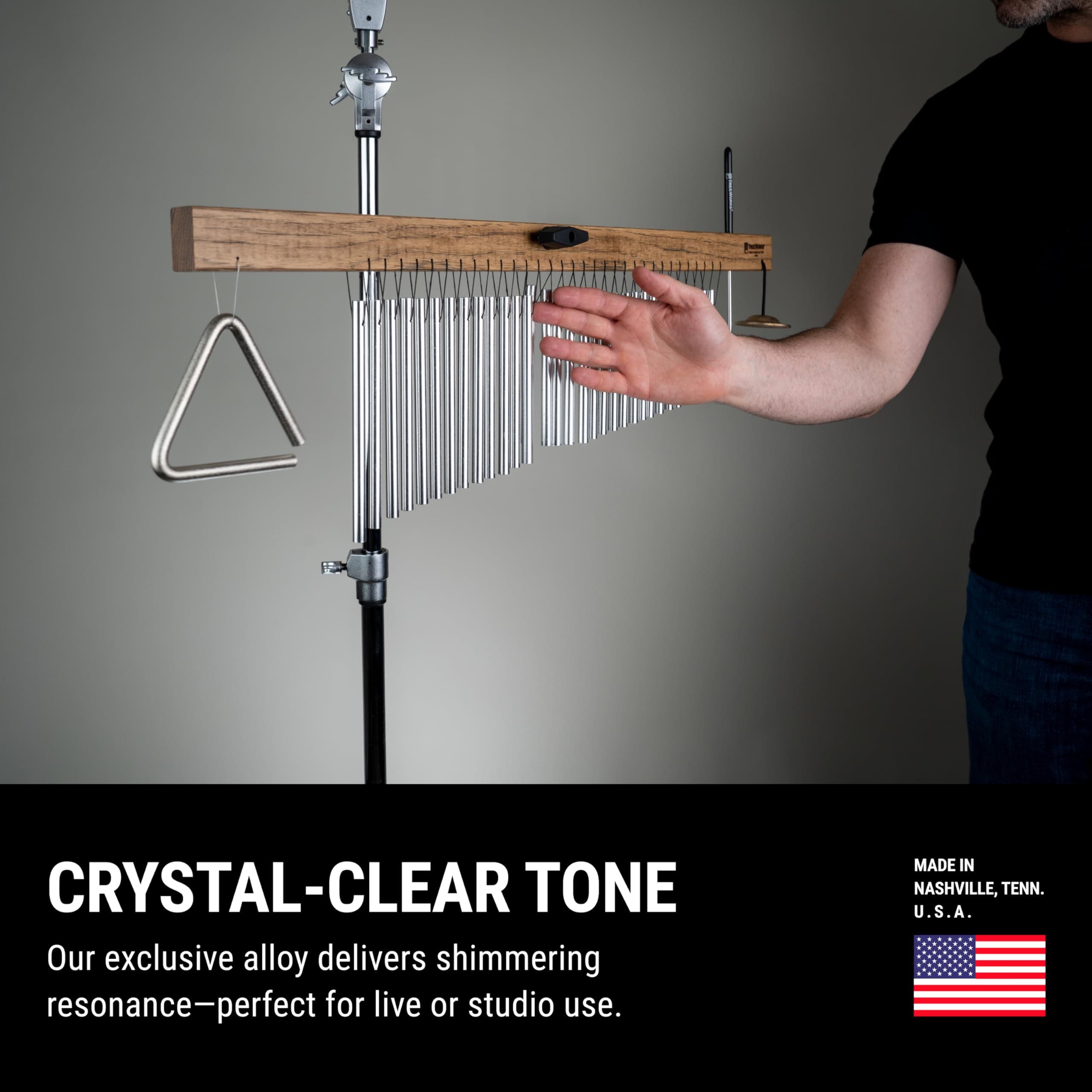 TreeWorks Chimes TRE416 Made in USA Large Bar Chime MultiTree with 4" Studio Grade Triangle, Light Triangle Beater, and Finger Cymbal (VIDEO)