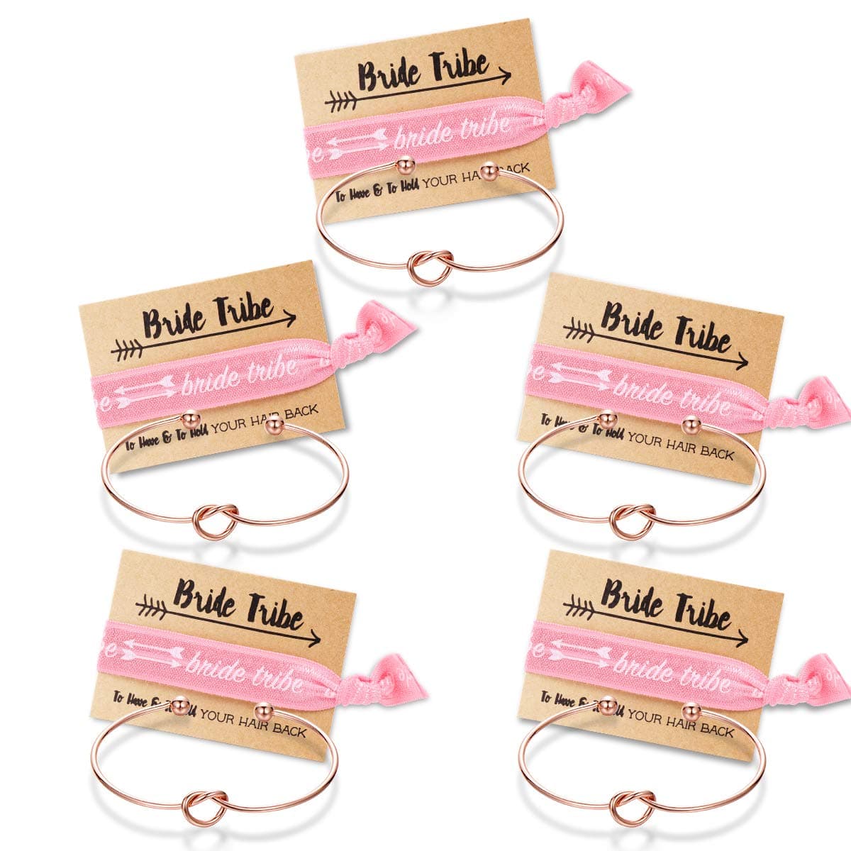 MOOKOO Bridesmaid bracelets-Ikooo 5 pcs Love Knot Open Bangle With Bride Tribe Hair tie for Best Friend, BFF of the Bride wedding Gift