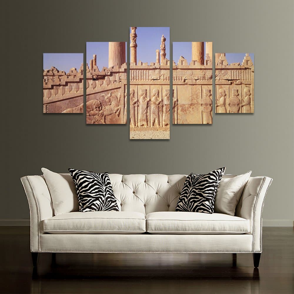 CrmArt 5 Panels Wall Art Persepolis - Persian Soldiers Statue Modern Home Decorative Painting Canvas Prints Poster Wall For Home Decor Framed Ready to Hang (60" W x 32" H)
