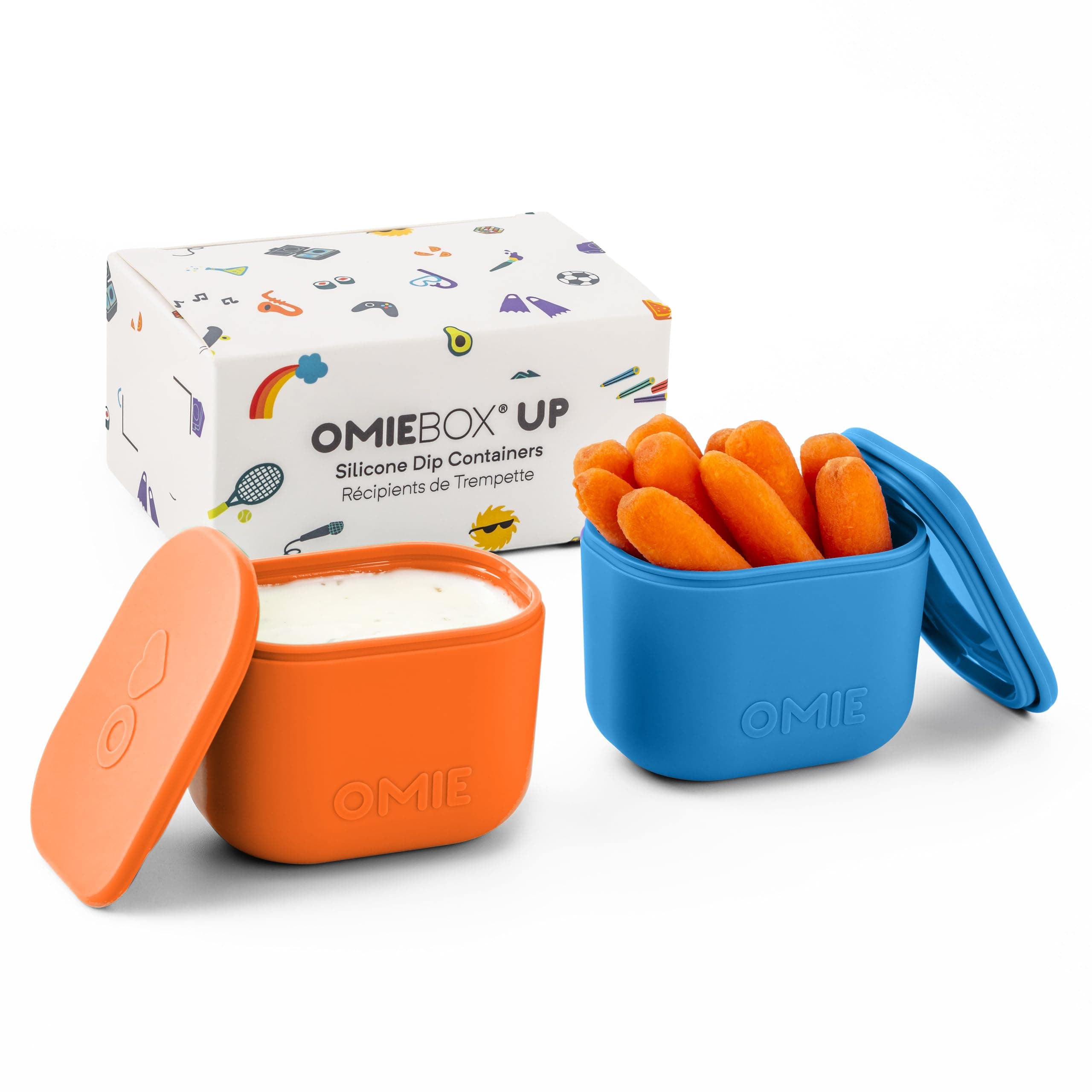 OmieBox UP (2 pack) Leakproof Dips Containers To Go, Salad Dressing Container, Condiment Container with Lids - Food Safe Silicone - 4.5 ounces (Blue/Orange)