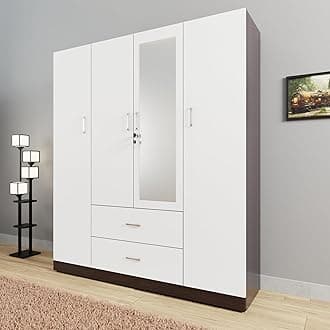 VIKI Wardrobe | Wooden Almirah for Clothes,Door for Bedroom, 4 Door Wardrobe with Drawer, Mirror & Hanging Space (Dark Wenge, Frosty White - 40D x 160W x 180H) | 1 Year Warranty | Free Assembly
