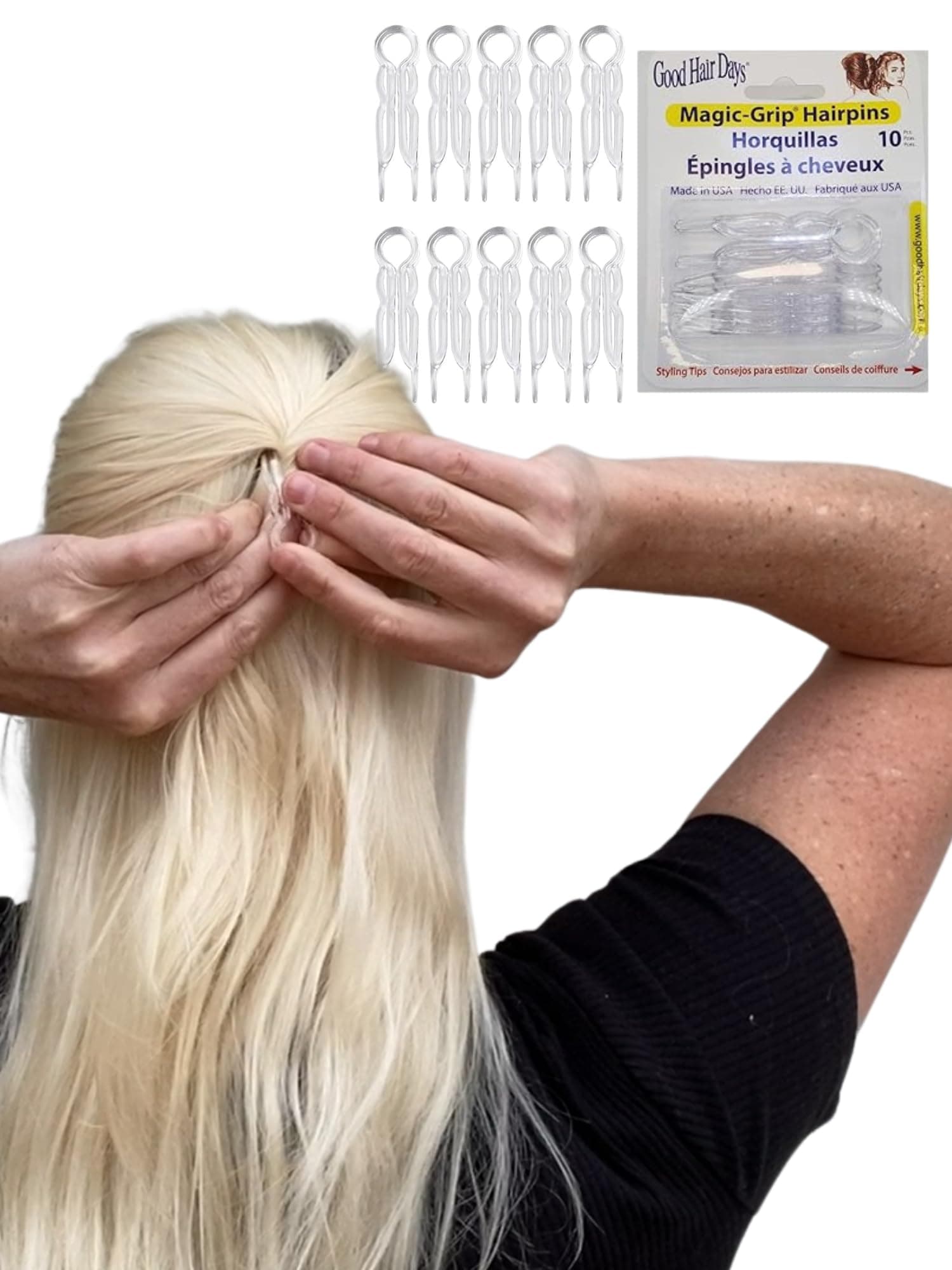 Good Hair Days Magic-Grip Hairpins - 2 1/2" U-Shaped Grip Hair Pins for Fine, Thick, Curly & Long Hair, Invisible Strong Hold Hair Styling Accessories, Set of 10, USA-Made (Crystal)
