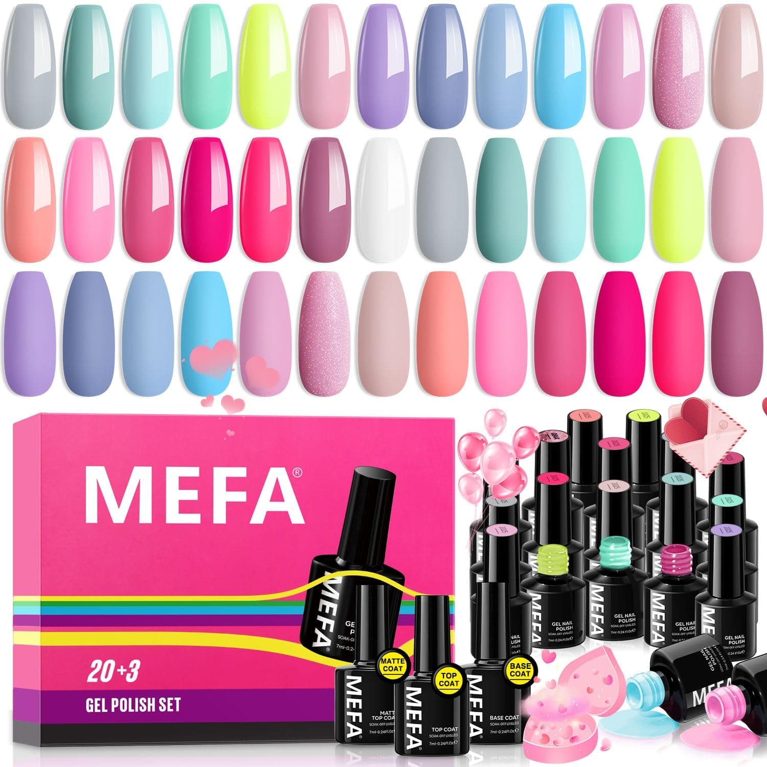 MEFA Gel Nail Polish Set 23 Pcs with Gift Box - Soak Off Nail Gel Summer Candy Colors Gel Varnish with No Wipe Base Coat Glossy Matte Top Coat for Nail Art Salon Design Manicure Starter Set