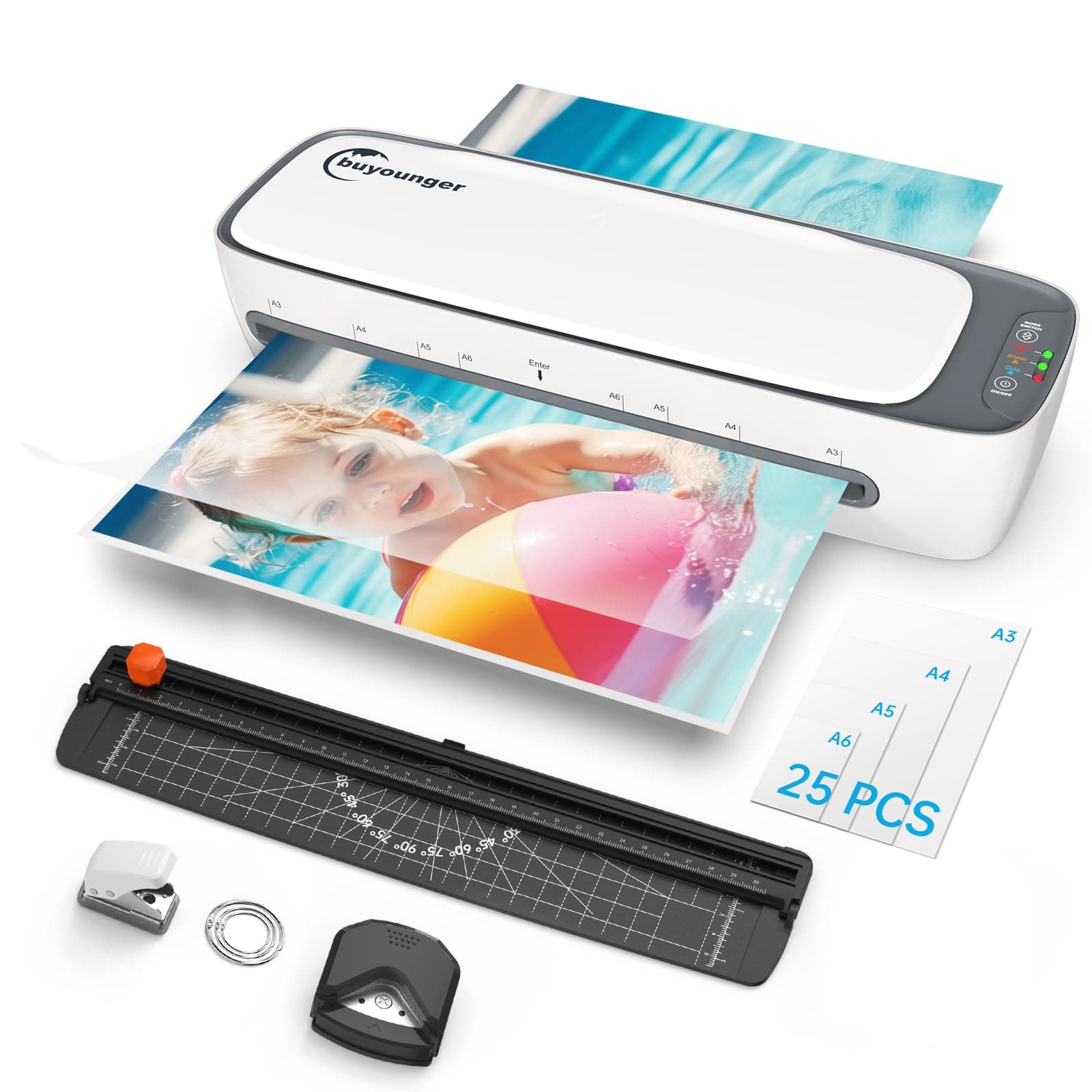 Laminator, A3 Laminator Machine with 25 Pouches Thermal and Cold for A3 A4 A5 A6, 13 Inches Laminating Machine with 60s Warm-up for Home School Office