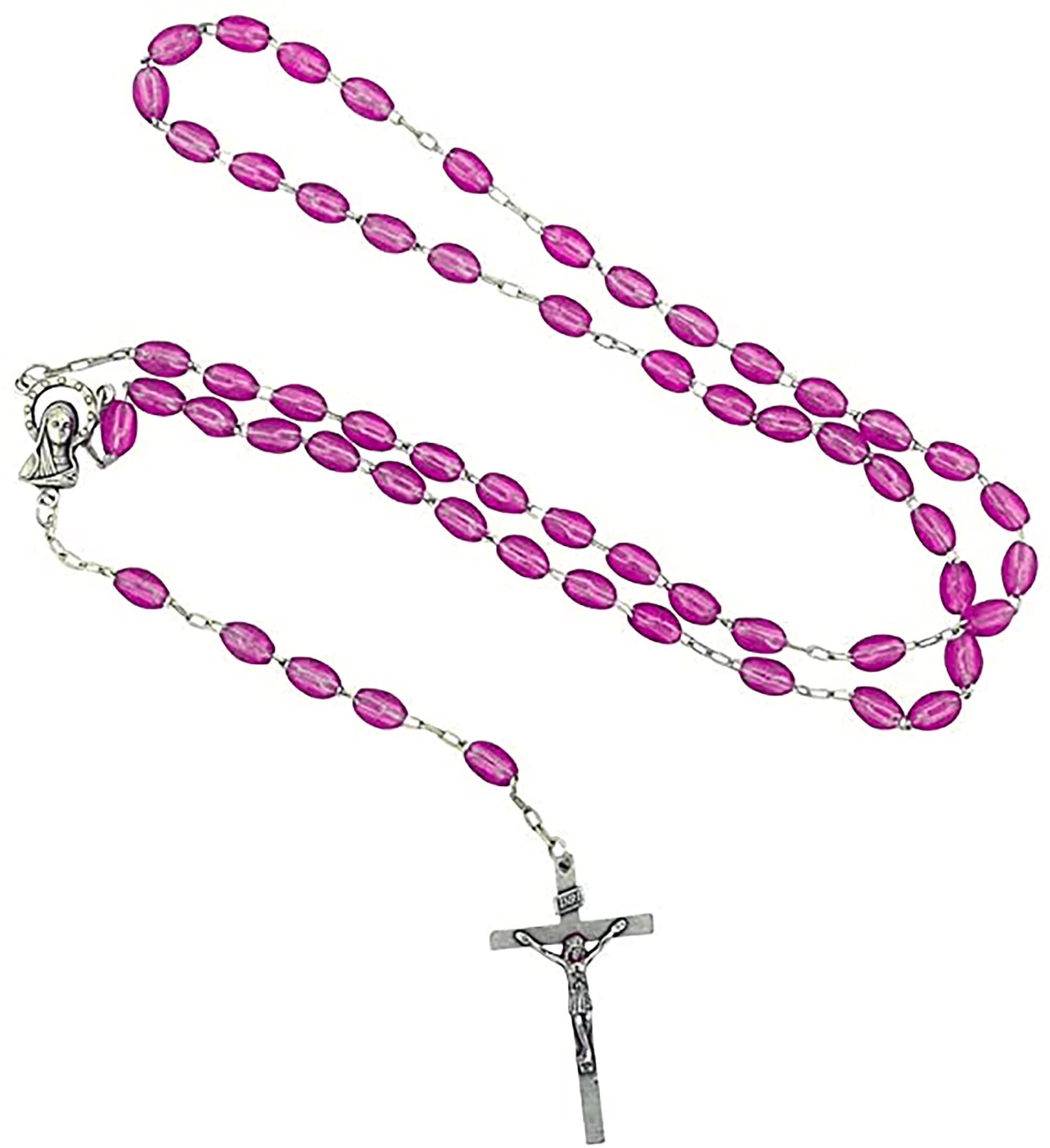 Catholic Rosary with Metal Crucifix Cross Made in Italy Miraculous Pink Oval Beads (Purple)