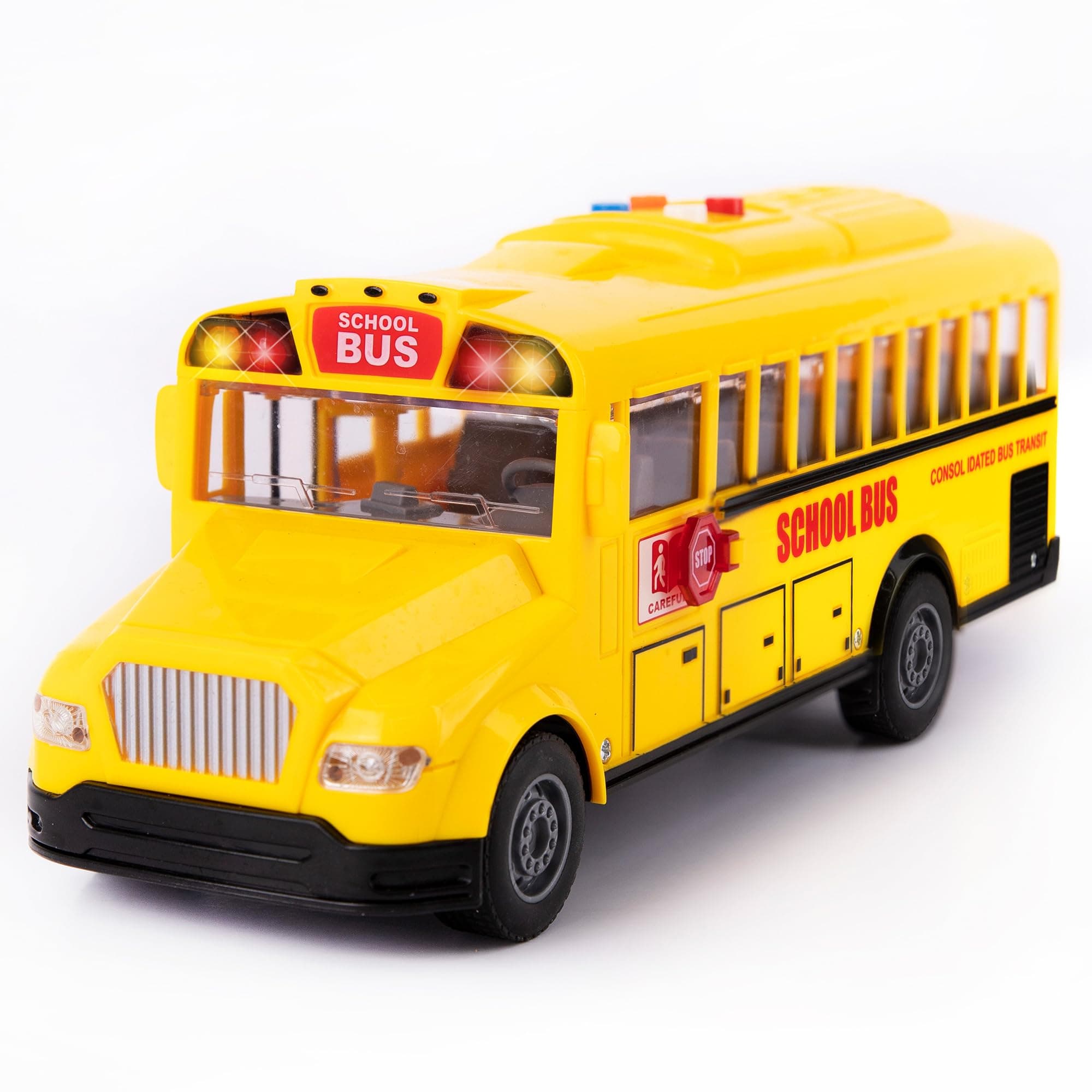 ArtCreativity Yellow School Bus Toy with Flashing Lights & Sound, Friction Powered 1/16 Scale School Bus Toy for Kids with 4 Different Sounds & Lights, Back and Side Doors Open, for Ages 2-4+