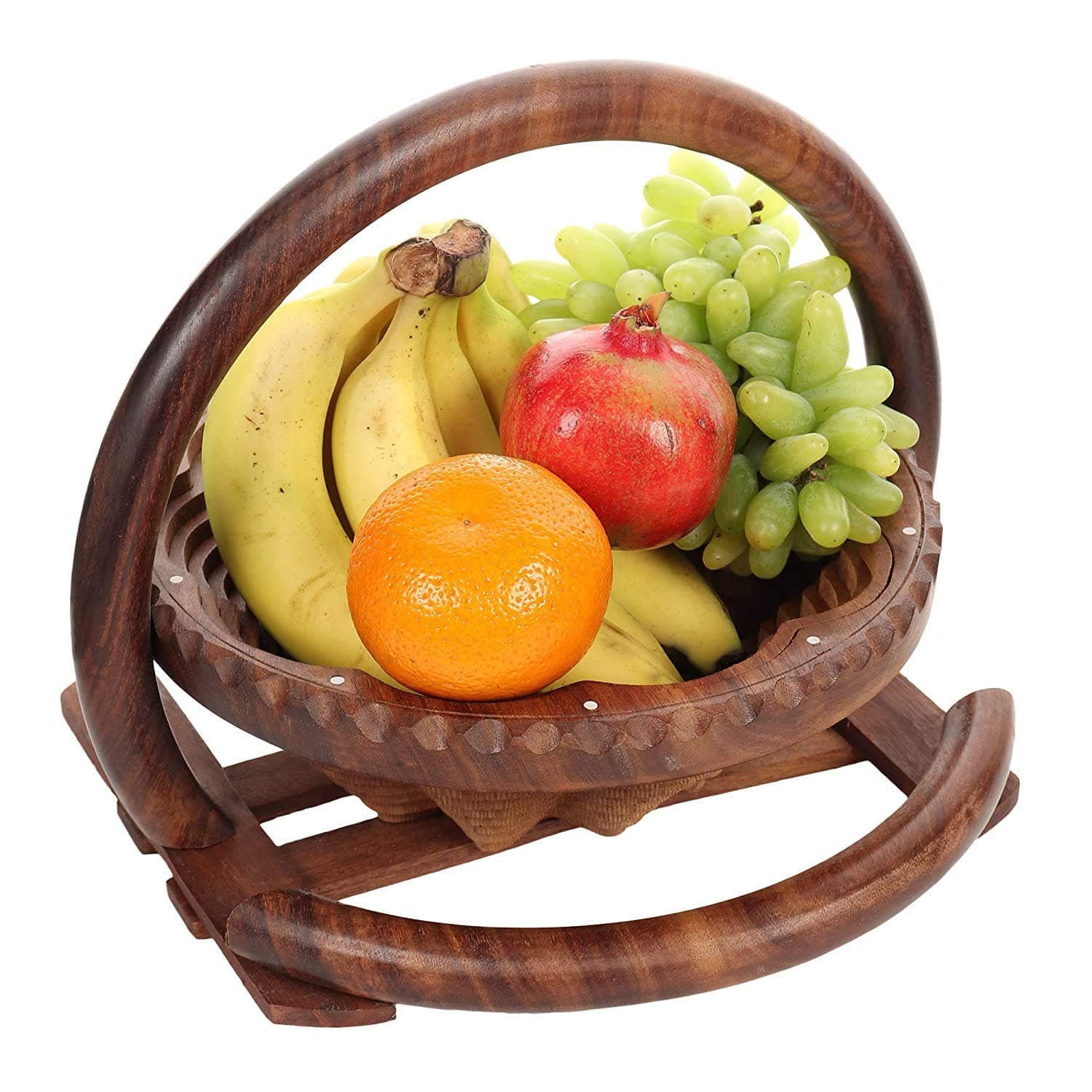 DWH DELUXE WOOD HANDICRAFTS Beautiful Fruit Foldable Handcrafted Round Shape Fruit/Vegetable Basket- Brown