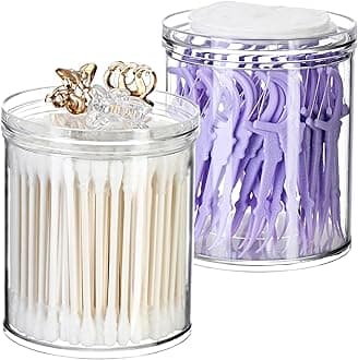 SheeChung 2-Pack Stackable Clear Qtip Holder - 10oz Crystal Apothecary Jars with Storage Lids - Clear Plastic Bathroom Countertop Organizer for Cotton Balls, Swabs, Pads - Pinterest Style Decor