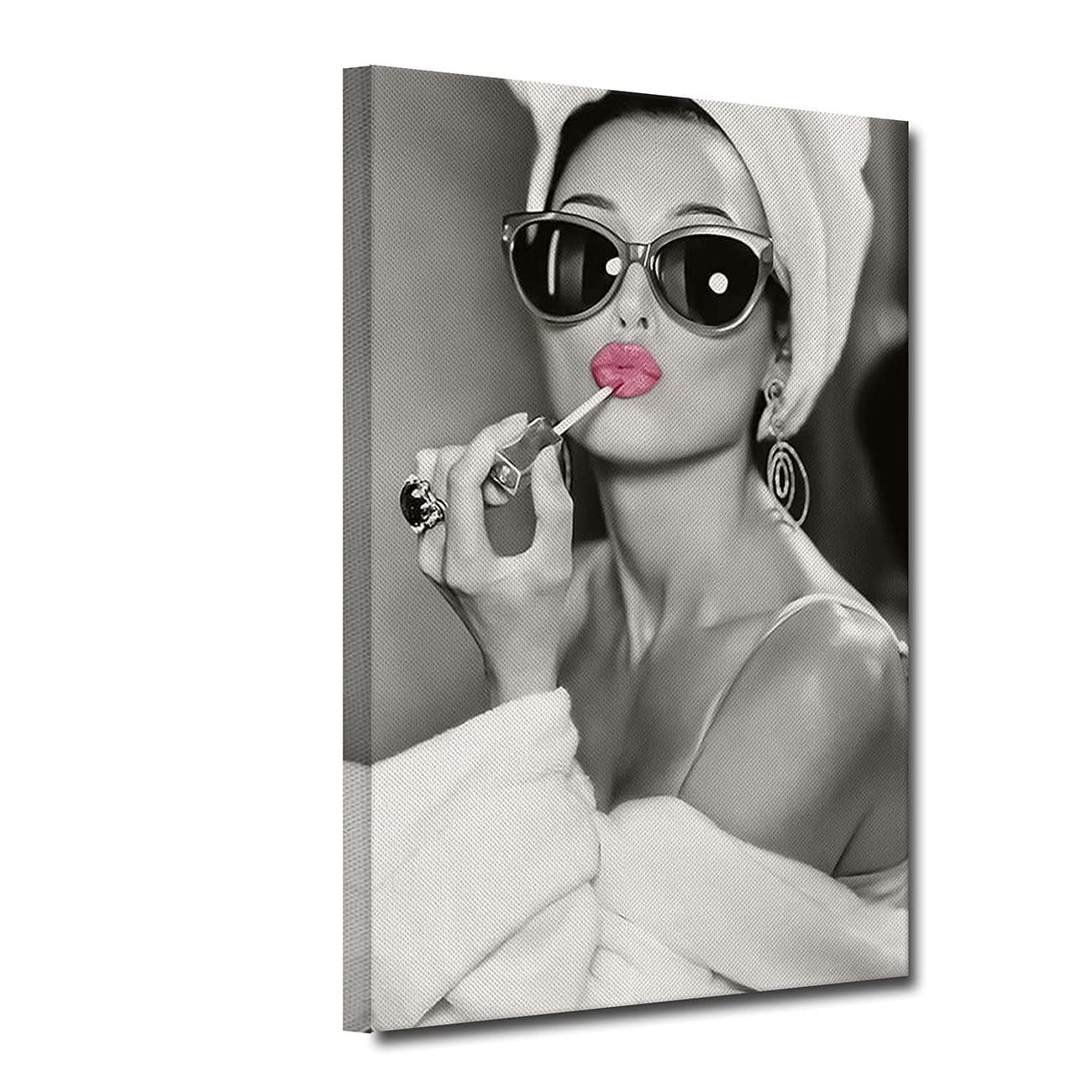 ZHONGYUTONG Audrey Hepburn Canvas Picture with Frame, Pink Lipstick Wall Painting, Black White Art Print, Modern Wall Decoration for Living Room, Bedroom (50 x 75 cm)