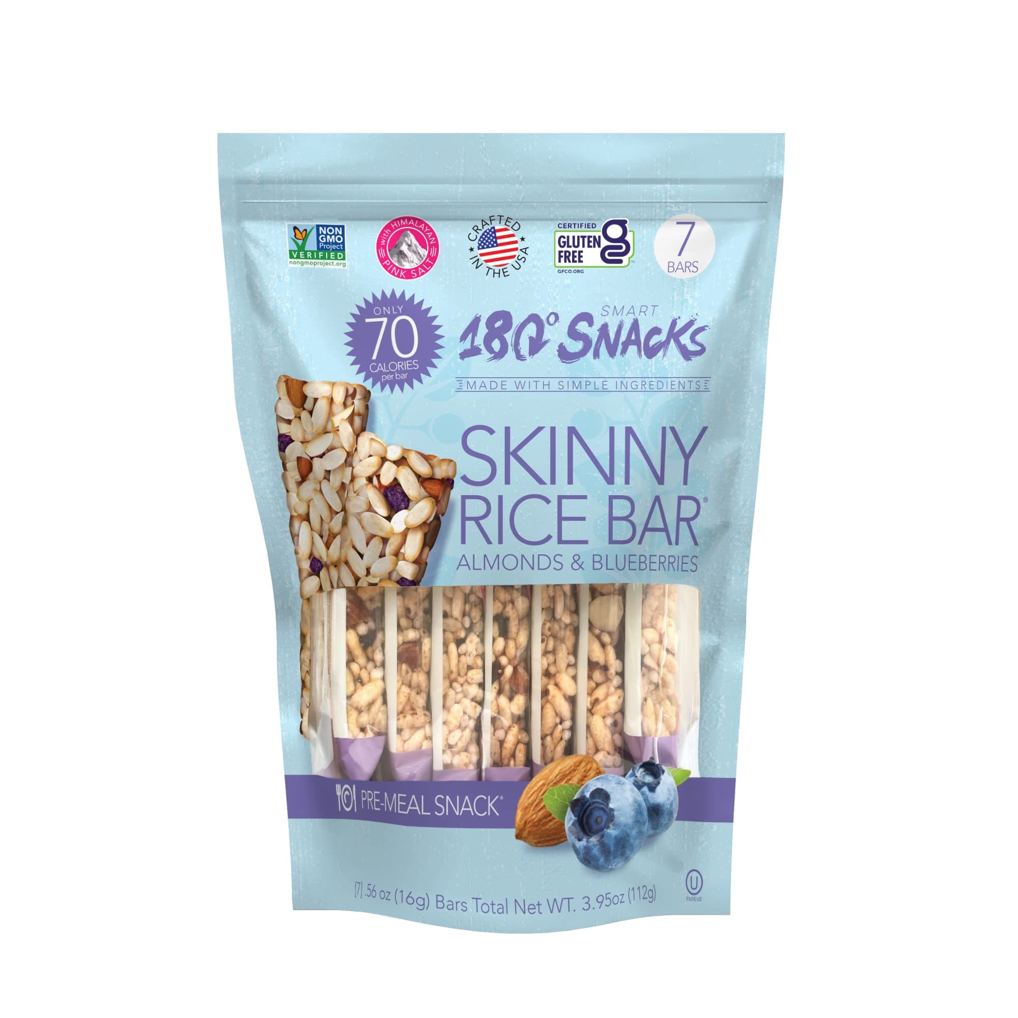 180 Snacks Pre-Meal Snack Skinny Rice Bar with Himalayan Salt 1 Pack, 3.22oz (Blueberry & Almond)