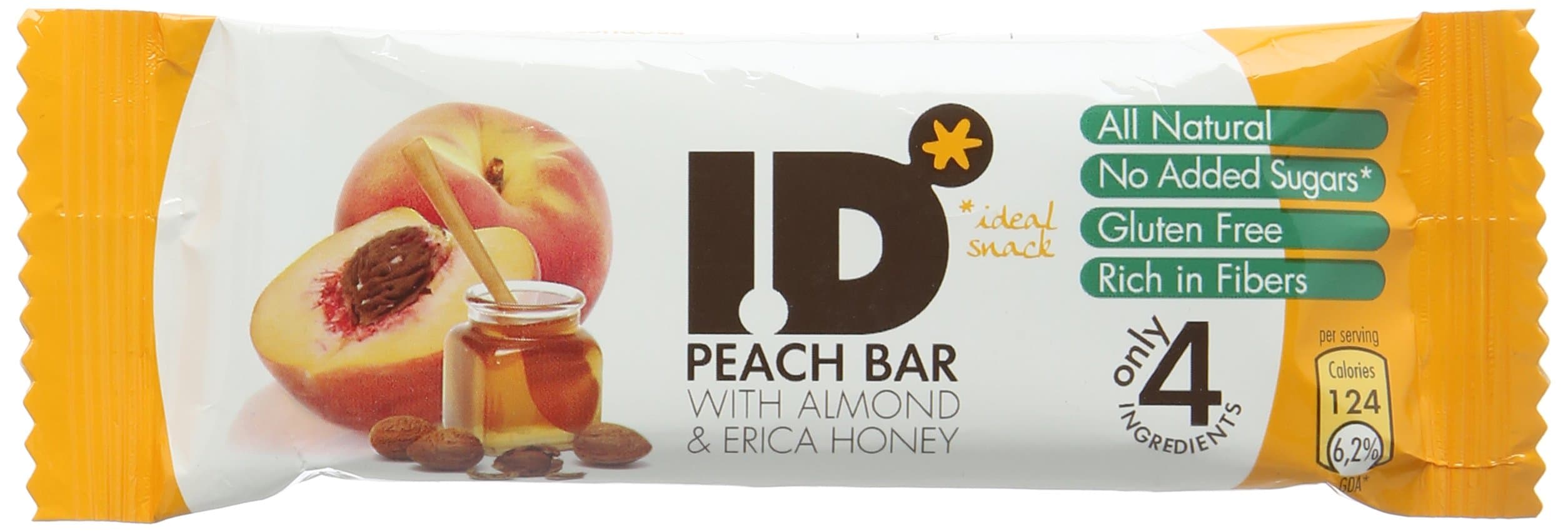 I.D. Peach Bar with Almonds and Erica Honey- All Natural - HIGH in Fibre - Vegan - Gluten Free in Display Box 35 g (Pack of 24)