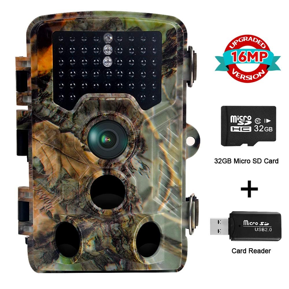 Trail Game Camera 16MP 1080P Waterproof Scouting Hunting Camera with 120°Detecting Range 0.2s Motion Activated Night Vision 2.4" LCD IR LEDs 32GB Card for Wildlife Monitoring