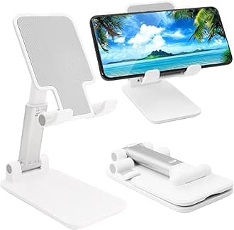 Cell Phone Stand, Folding Desktop Phone Stand, Angle Height Adjustable Mobile Phone Holder for Desk, Office, Tablet Stand Compatible with All Phones 4-10 Inches Cell Phone/Tablet (White)