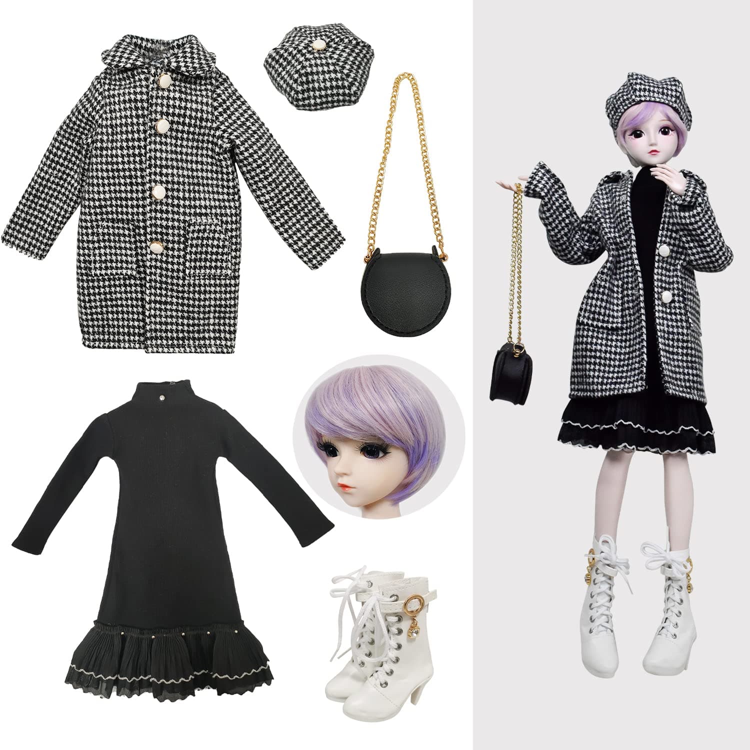 Proudoll 1/3 BJD Doll 60cm 24" SD Ball Joint Doll Clothes Winter Suit Clothes and Accessories Set (02 Black & White)