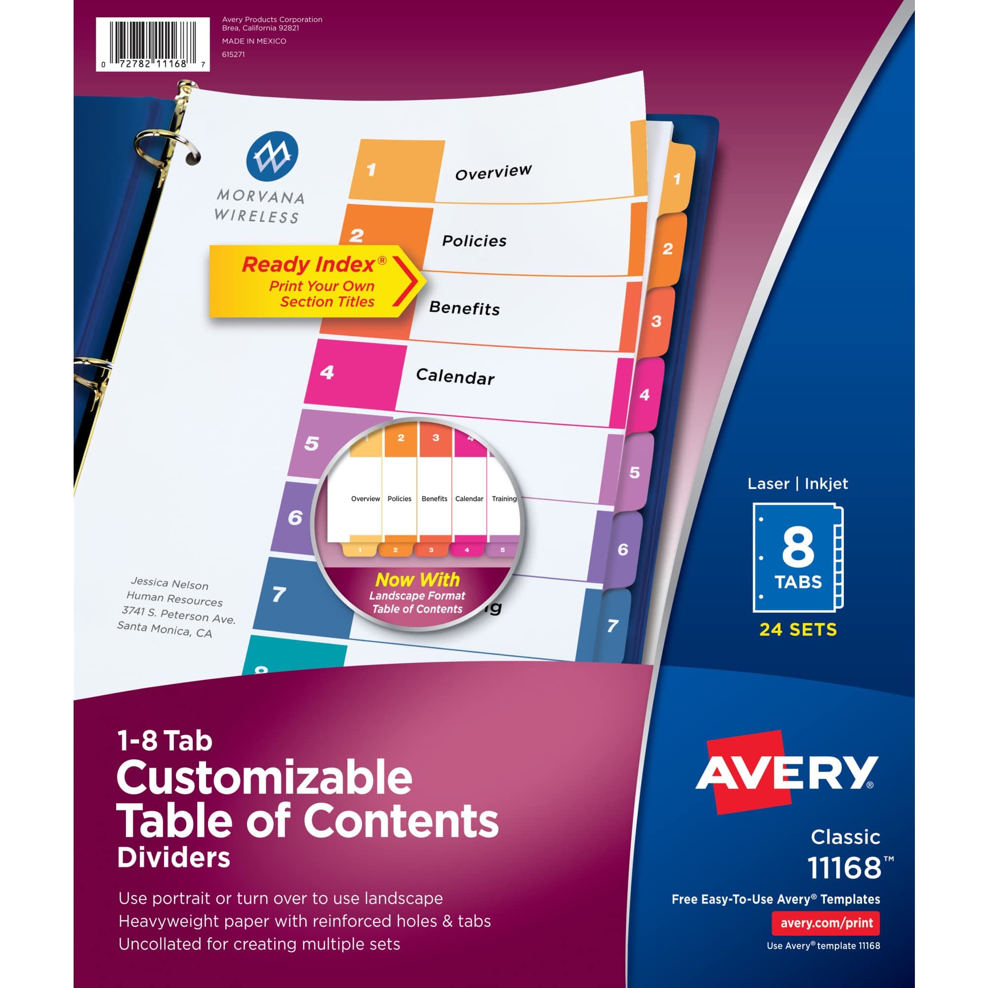 Dividers for 3 Ring Binders, 8 Tabs per Set, Customizable Table of Contents, Multicolor Tabs, Great for Organizing High-Volume Reports, Projects, and More (24 Sets of 11168)