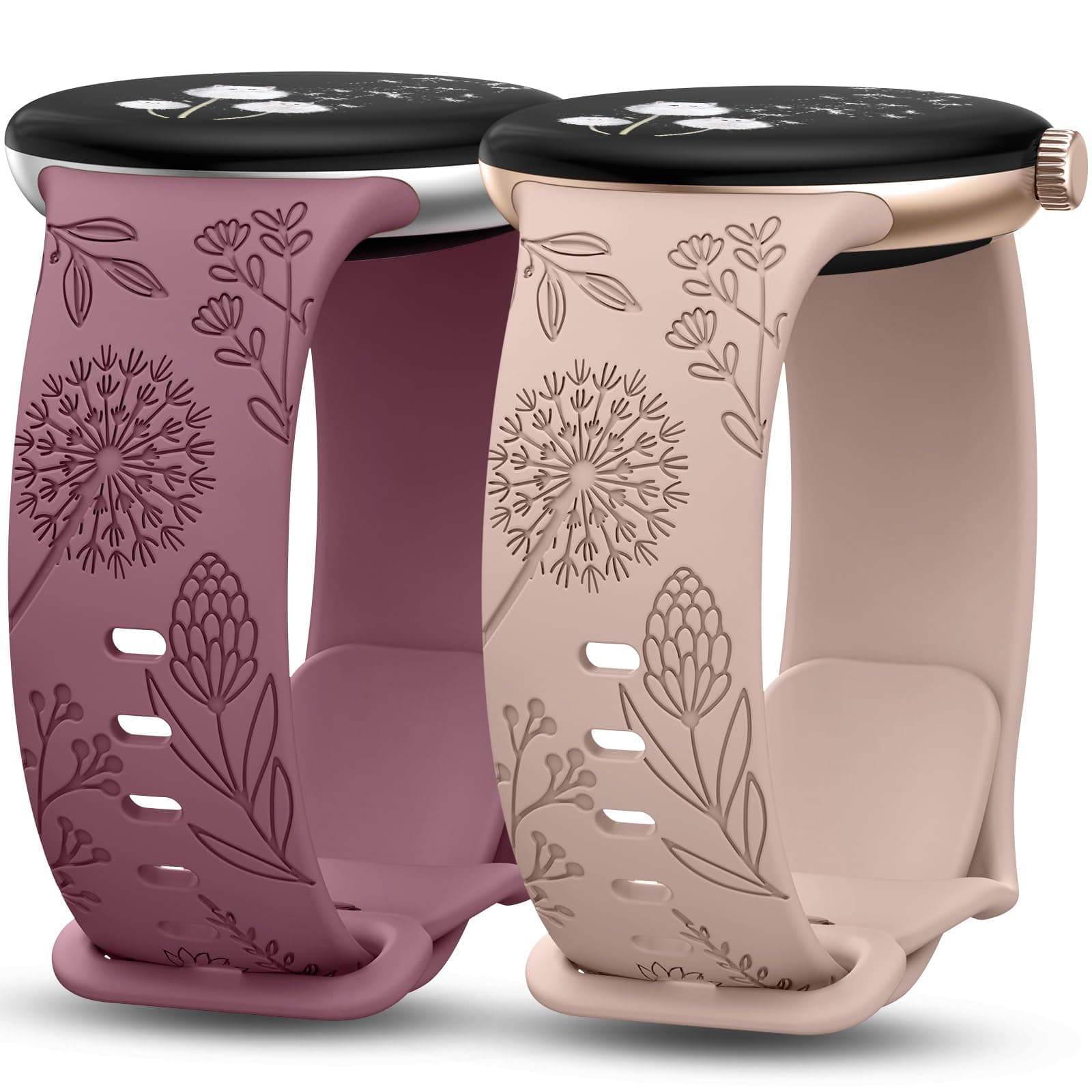 Minyee 2 Packs Floral Engraved Bands Compatible with Google Pixel Watch 4/3 41mm/Pixel Watch 2/1 Band Women, Cute Soft Silicone Flower Sport Fancy Straps