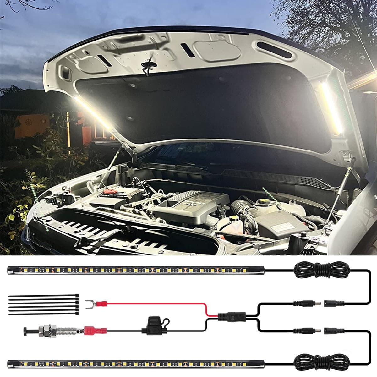 2-in-1 Under Hood LED Light Kit, Waterproof 12V Car LED Light Bar Car Underhood Work Lights with Automatic On/Off, 2pcs 36cm/14.17in 21LEDs Light Strip Kit, Universal Fits Any Vehicle