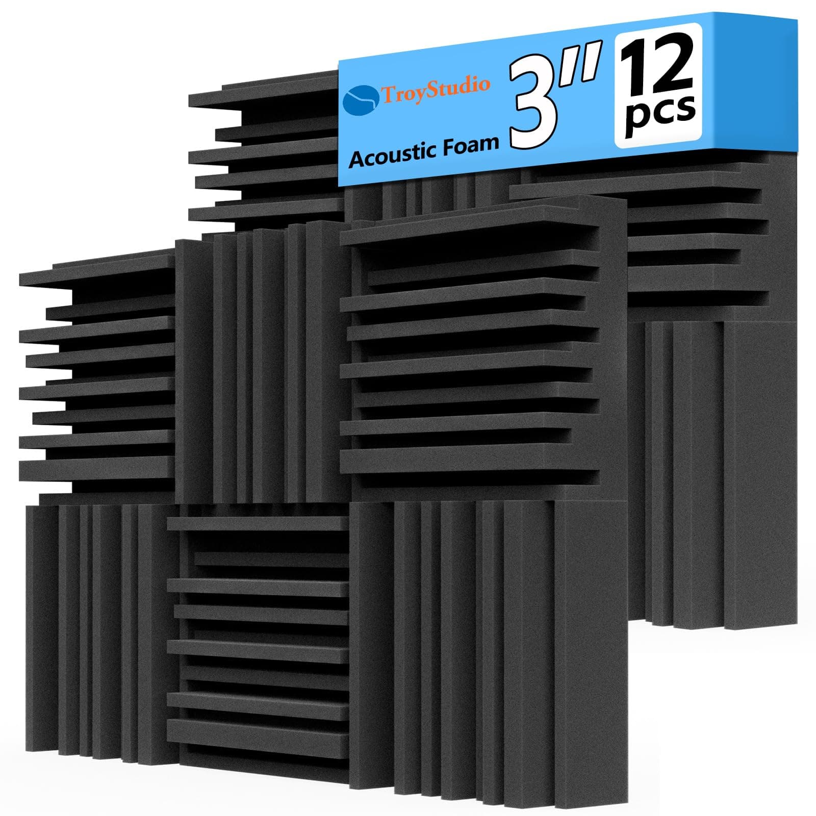 Thick Acoustic Foam Panels, 12 X 12 X 3 Inch 12 Pcs Broadband Sound Absorbing Foam, Dense Soundproof Padding Tile, Recording Studio Foam Absorber, Groove Decorative 3D Wall Ceiling Panel