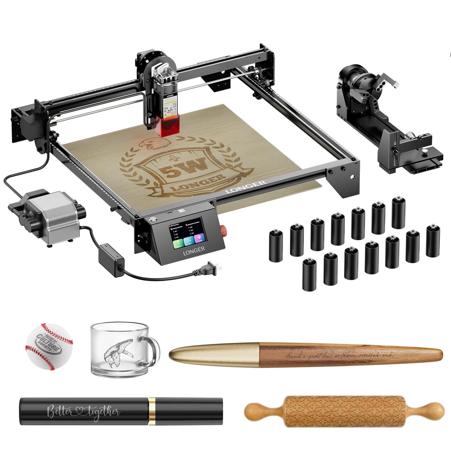 Longer RAY5 5000mW Laser Engraver with Air Assist Kit, 3-in-1 Chuck jaw kit, and 12 Pcs Raiser, CNC, App Offline Control, DIY Engraving Tool for Metal/Glass/Wood, Class IV