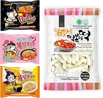 Hot Chicken Buldak Ramen 3 Flavor with Korean Rice Cake Tteokbokki Stick - Rapokki Stir Fried Ramen Noodle with Tteokbokki Carbonara, Cheese, Original Spicy